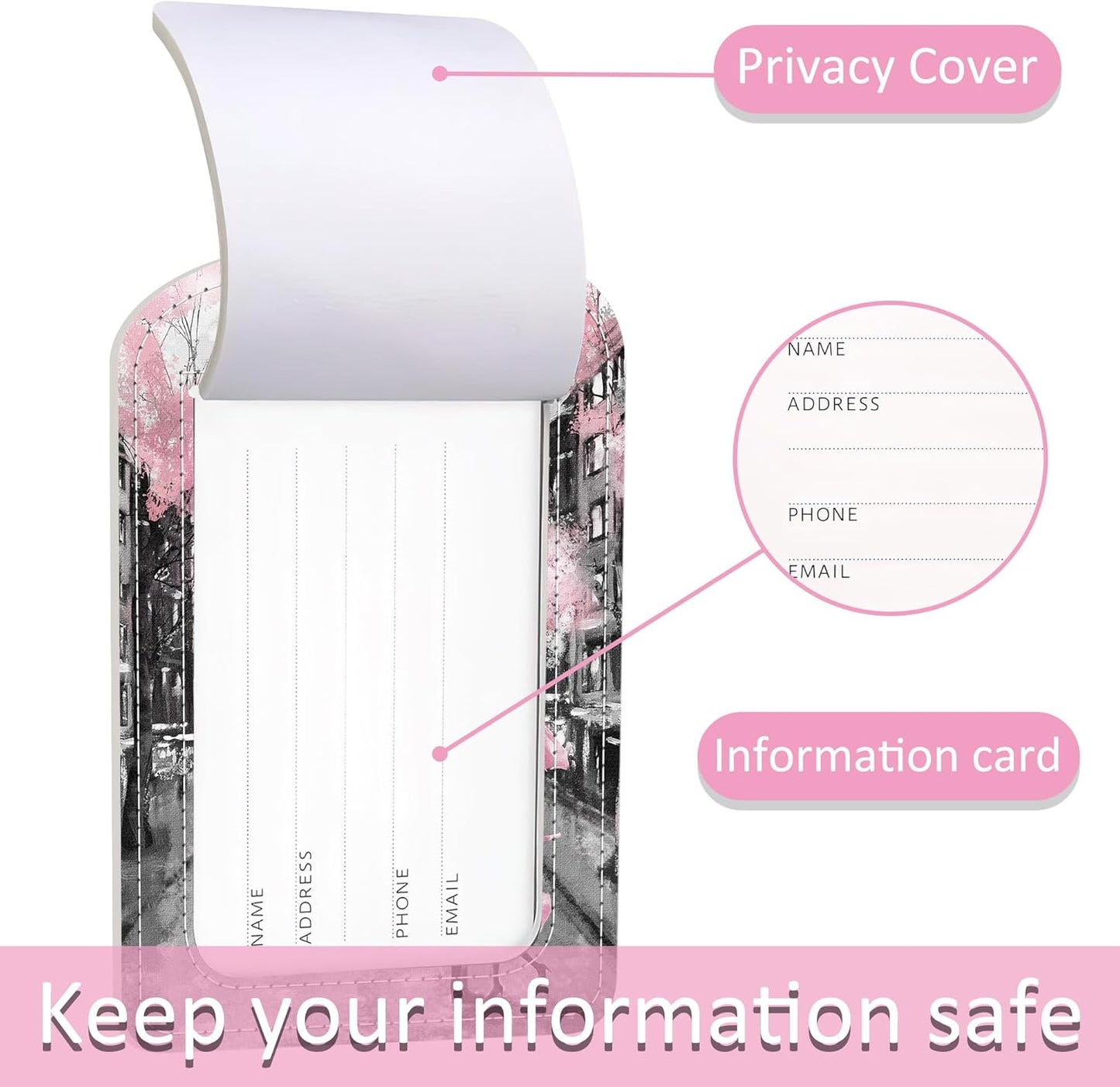Luggage Tags for Suitcase,2 Pack Pink Paris Luggage Tag,PU Leather Id Label Luggage Tags with Stainless Steel Loop and Privacy Cover for Women Men Teens Travel