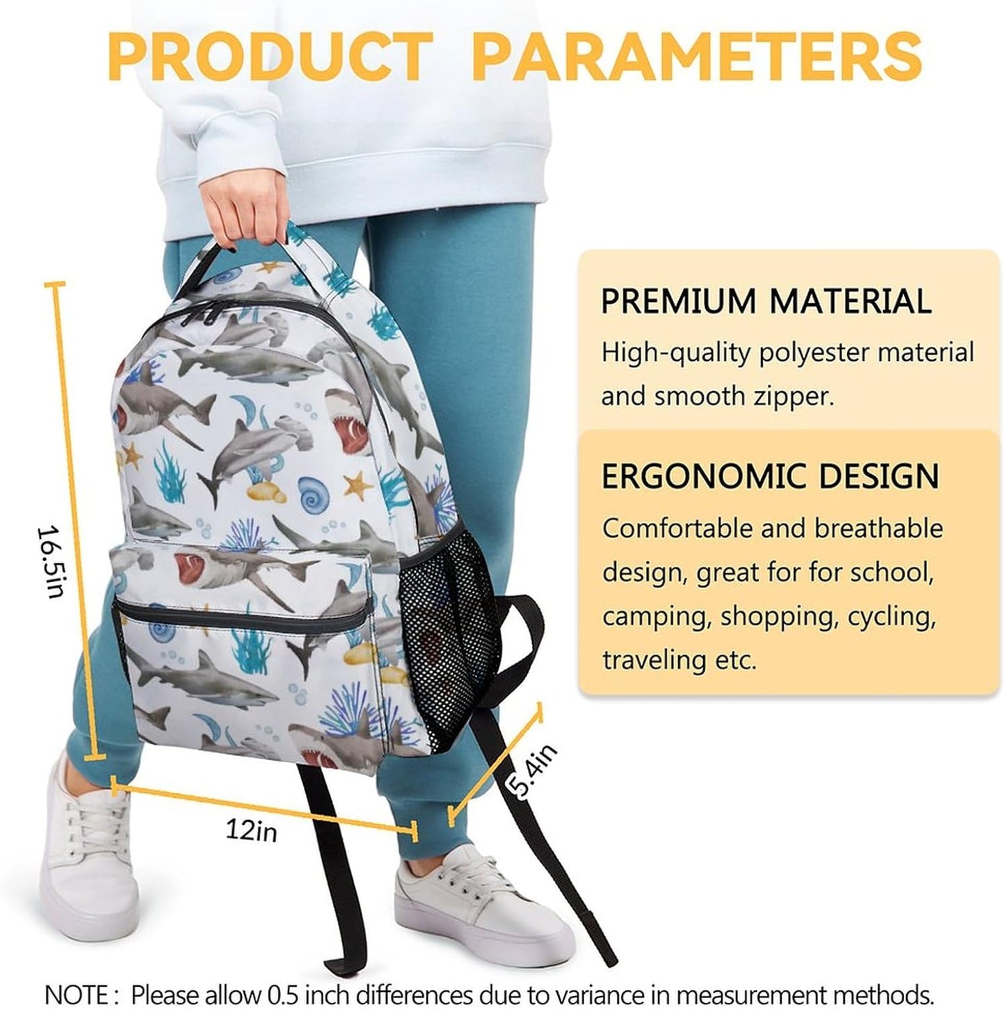 Shark Backpacks for Boys, Large Capacity Backpack for School, Cute White Lightweight Bookbag for Kids
