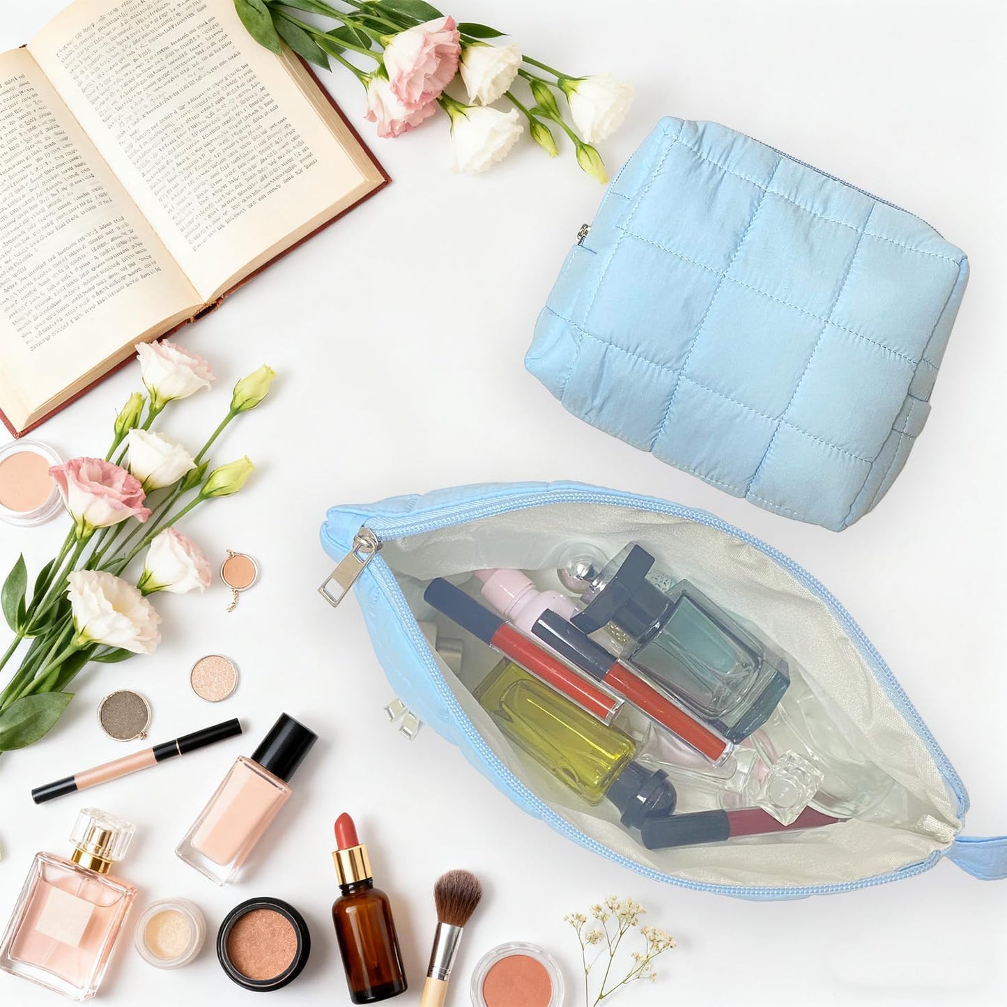 Blue Puffy Puffer Makeup Bag for Purse Small Makeup Pouch Quilted Cosmetic Bag Cute Cotton Toiletry Pouch Bag for Women