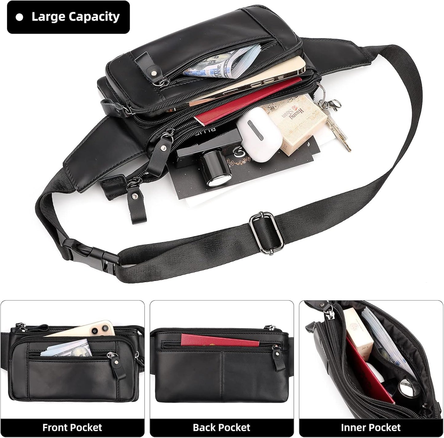 Leather Fanny Pack for Men Women, Fashion Waist Packs Small Crossbody Chest Bag with Adjustable Belt for Outdoor Travel Hiking Cycling