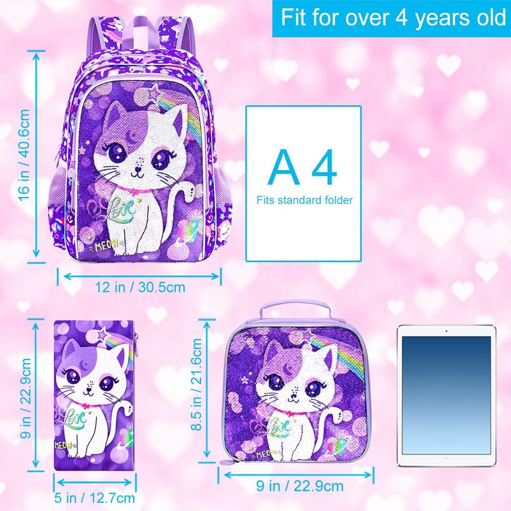 UFNDC 3PCS Backpack for Girls with Lunch Box,16”Kids Sequin Bookbag with Lunch Box, School Bag for Elementary Toddler