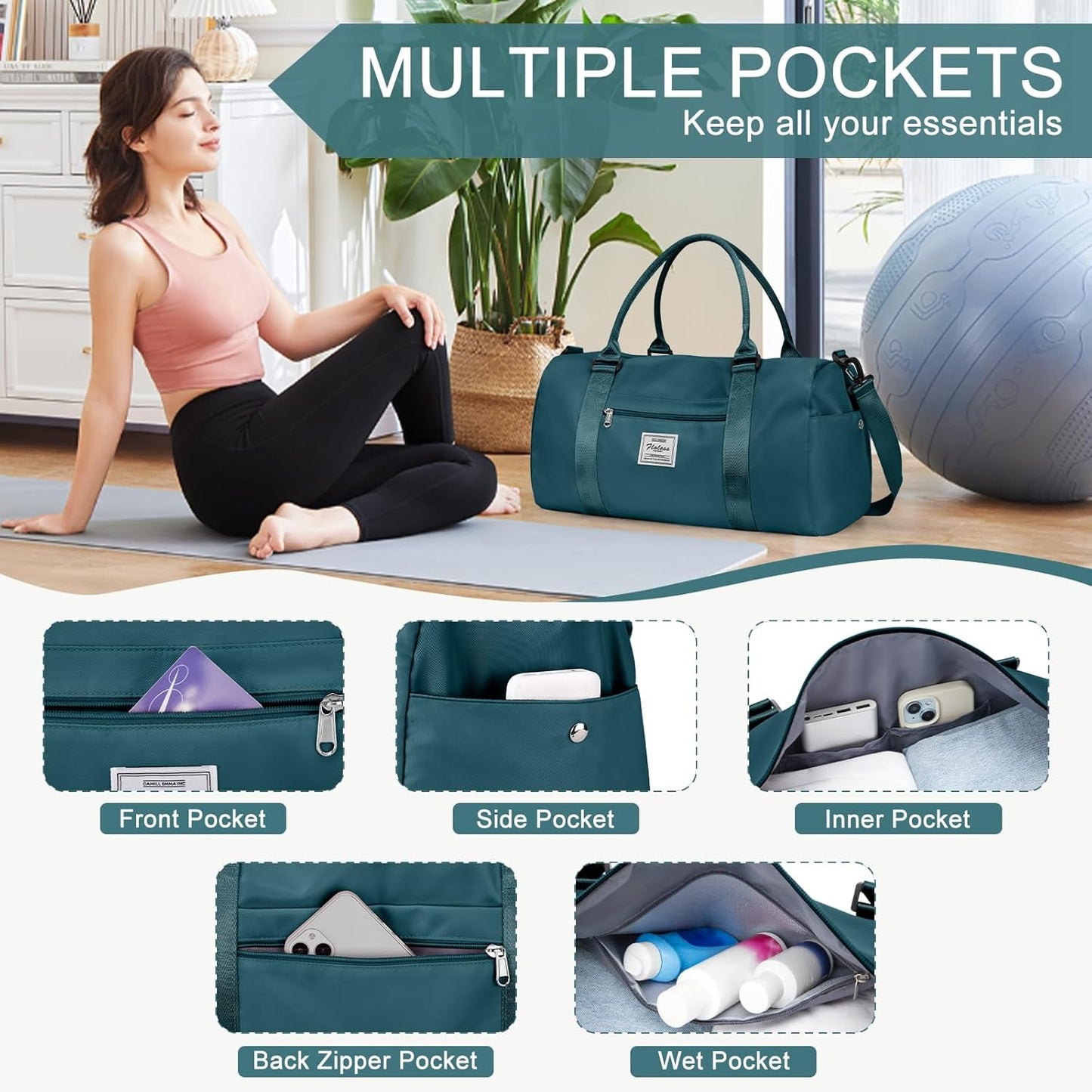 Gym Bag for Women Men with Shoes Compartment,Sports Duffle Bag Personal item travel Duffel Bags Tote Bag Small Carry on Weekender Overnight Bag Workout Dance Bag Hospital Holdalls Peacock Blue