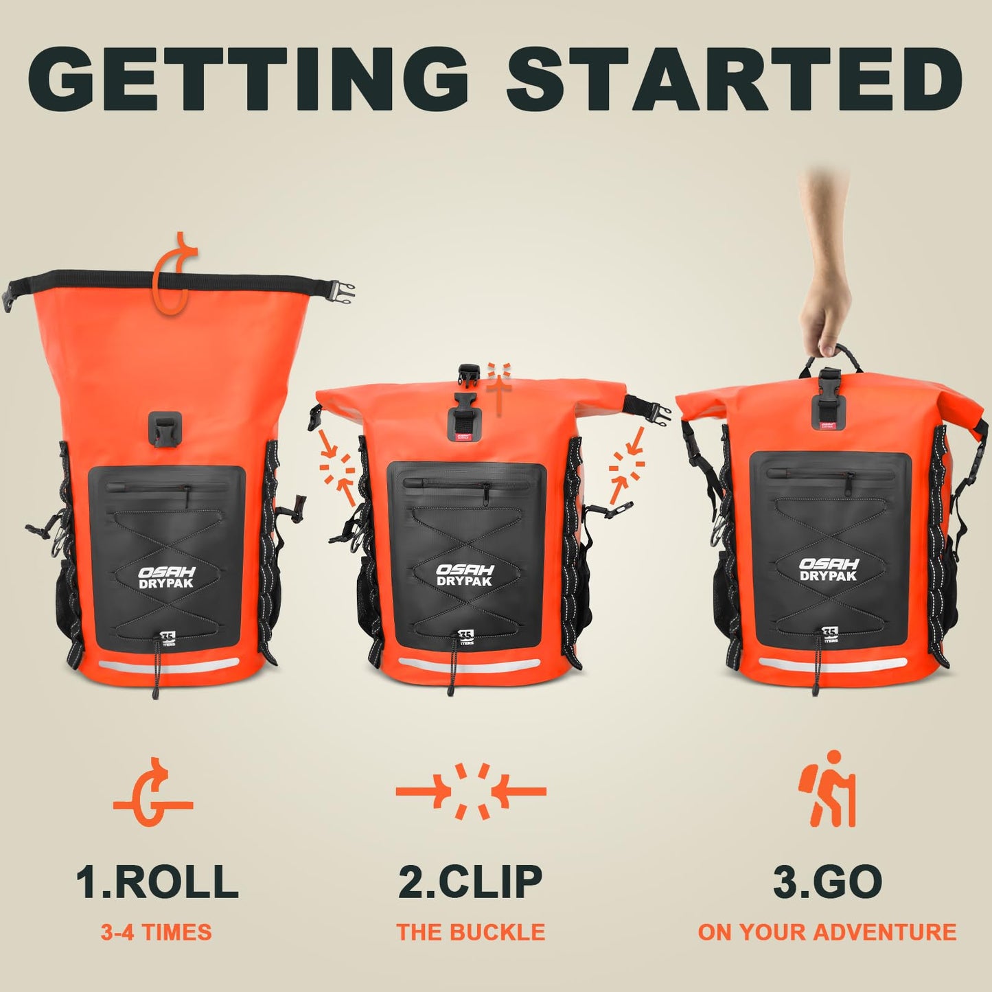 OSAH DRYPAK Waterproof Backpack Dry Bag 35L/55L/85L– Heavy Duty Roll-Top Hiking Backpack Sack Keeps