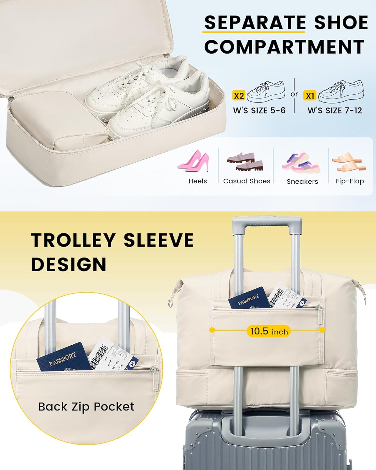 Vorspack Duffle Bag for Travel - 30L Gym Bag for Women Men Personal Item Travel Bag with Shoe Pocket Toiletry Bag Lightweight Carry On Bag for Weekender Overnight Sports - Beige