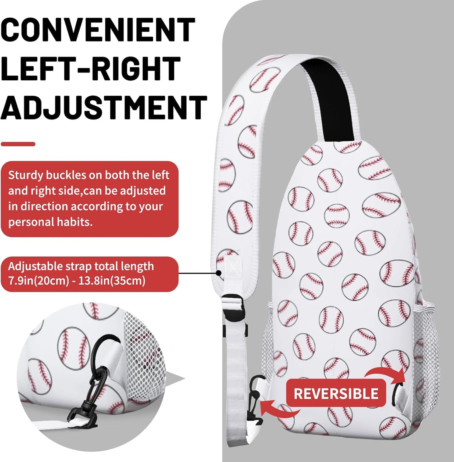 White Baseball Sling Bag Crossbody Chest Bag for Women Men, Water Resistant Lightweight Casual Crossbody Bag with Adjustable Strap, Travel Hiking Daypack Shoulder Backpack