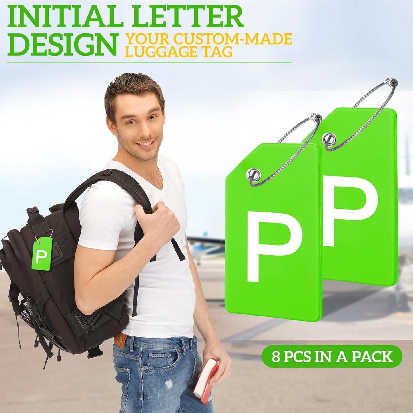 8 Pcs Initial Letter A-Z Luggage Tags Silicone Suitcase Instrument Tag with Name Card and Stainless Steel Loop(Letter P,Green)