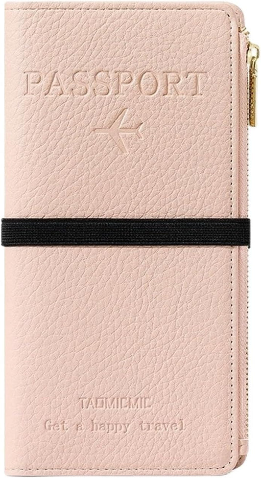 RFID-Blocking Leather Travel Wallet & Passport Holder with Zipper Pocket, Card Slots, and Phone Compartment – Waterproof Travel Organizer for Women & Men. TG-1 (Pink)