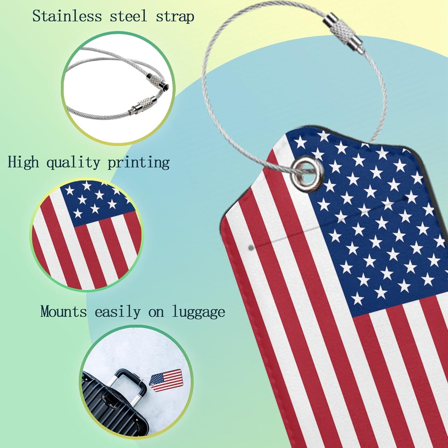 American Flag Luggage Tag, Luggage Tags of Set 2 Leather Identifiers Privacy Cover with Stainless Steel Loop for Women Men Travel Bag Suitcase