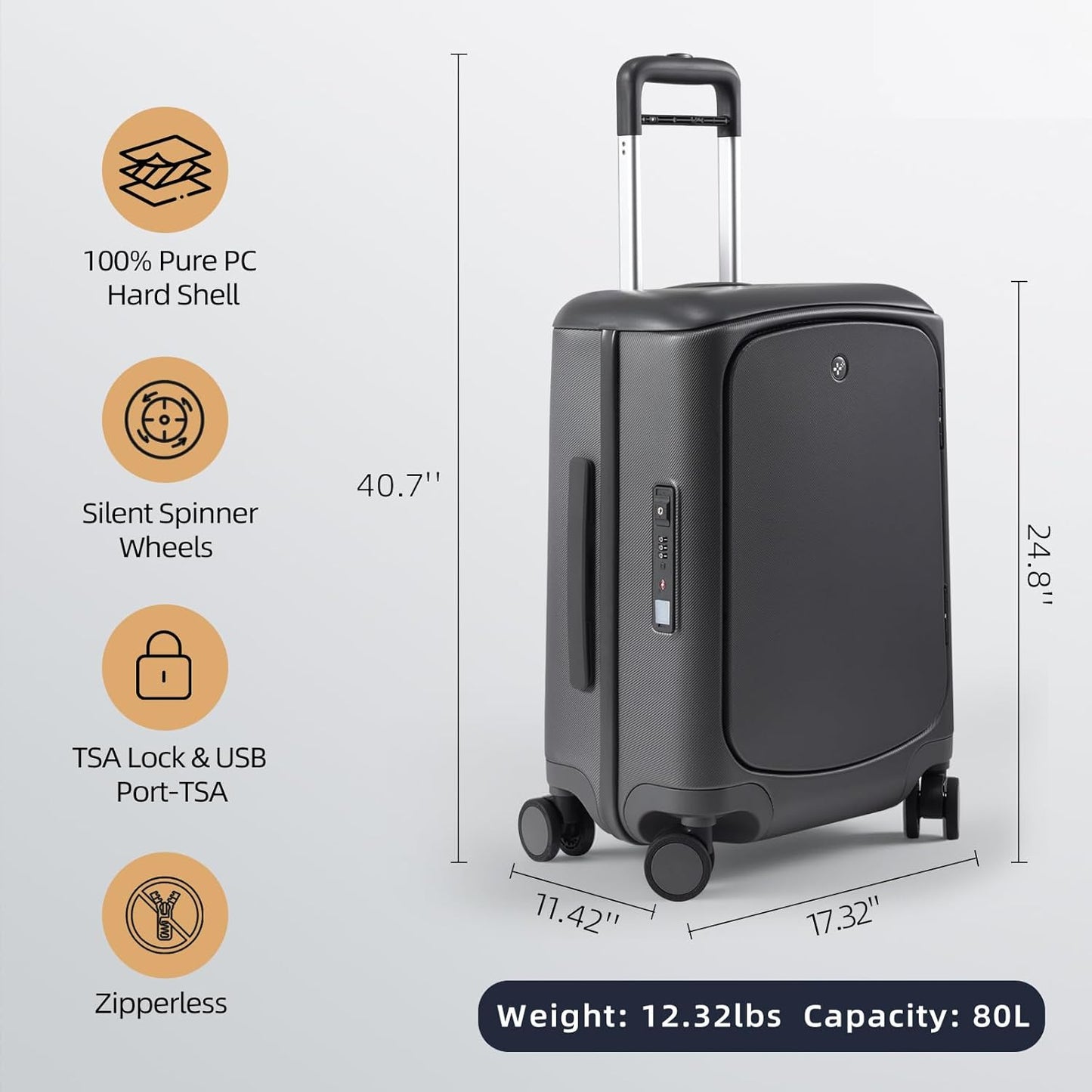 Hang Safe Checked Luggage 24 inch,PC Hard Shell Lightweight Zipperless Suitcases,360° Spinner Wheels,TSA Locks USB Charging Port,Top Travel Seat,Checked-Medium 80L Grey