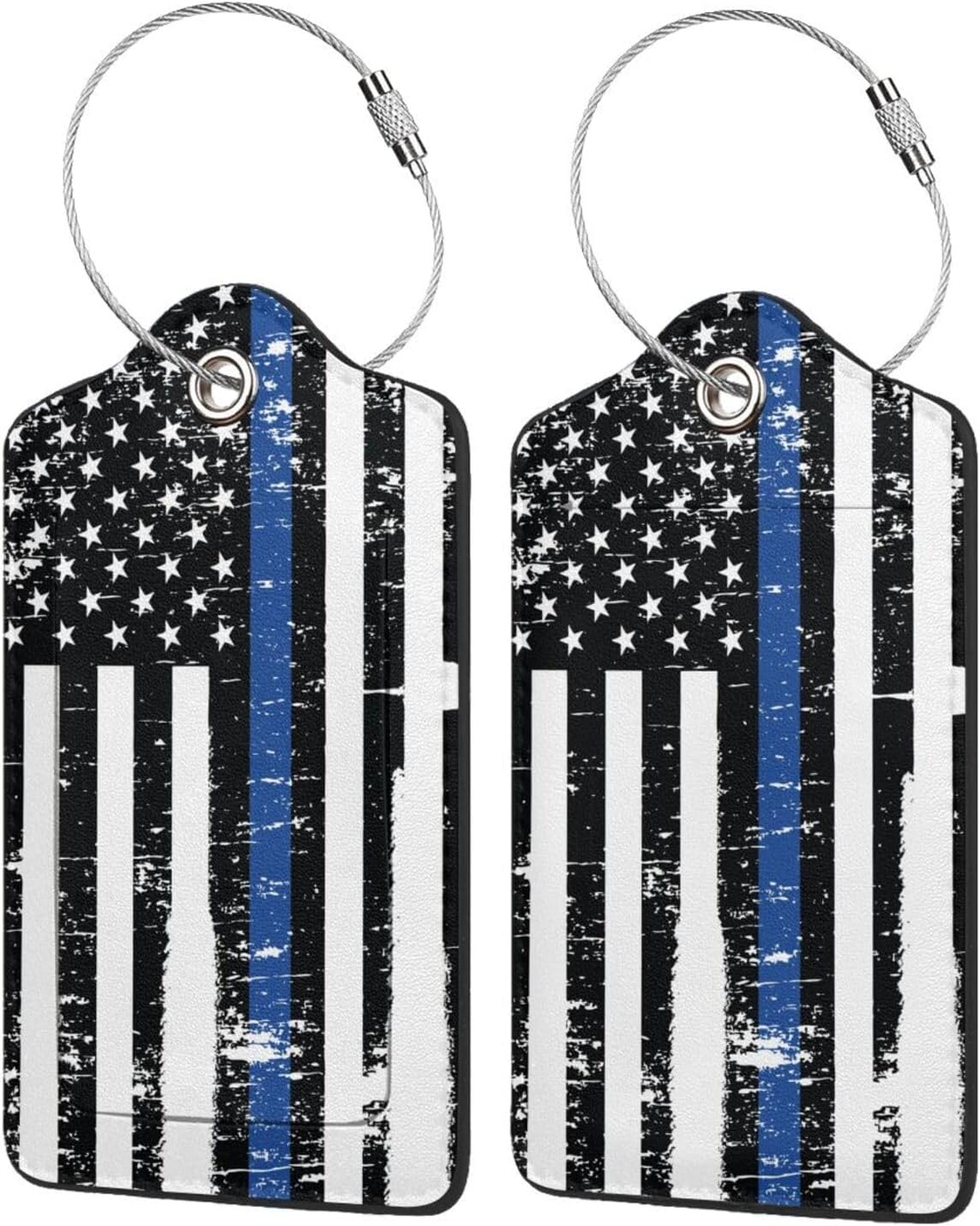 2 Pcs Thin Blue Line Flag Luggage Tags for Suitcase, American Police Support Stripes Gifts for Privacy Cover ID Label with Stainless Steel Loop