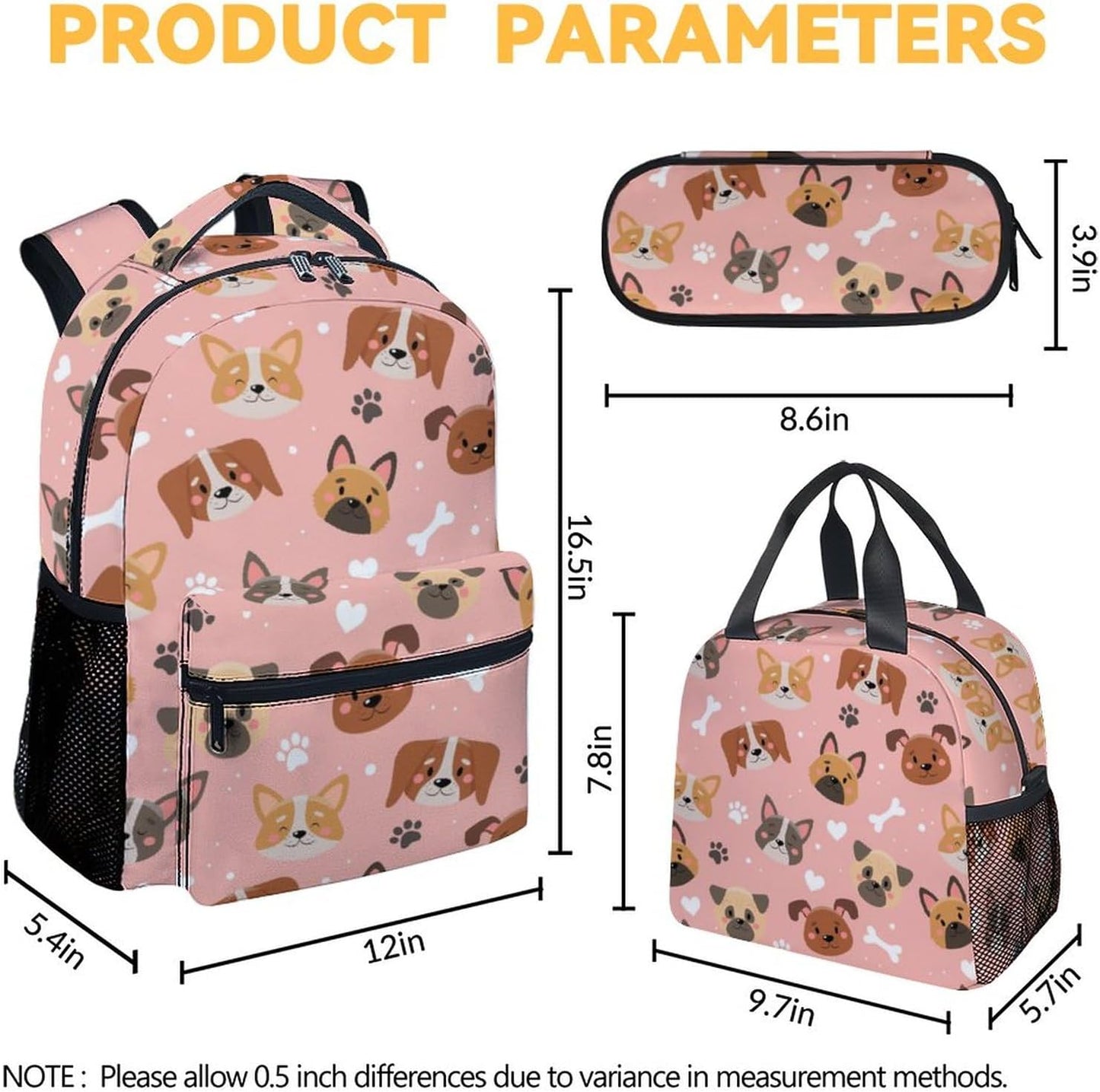 Dog Backpack with Lunch Box, Set of 3 School Backpacks Matching Combo, Cute Pink Bookbag and Pencil Case Bundle