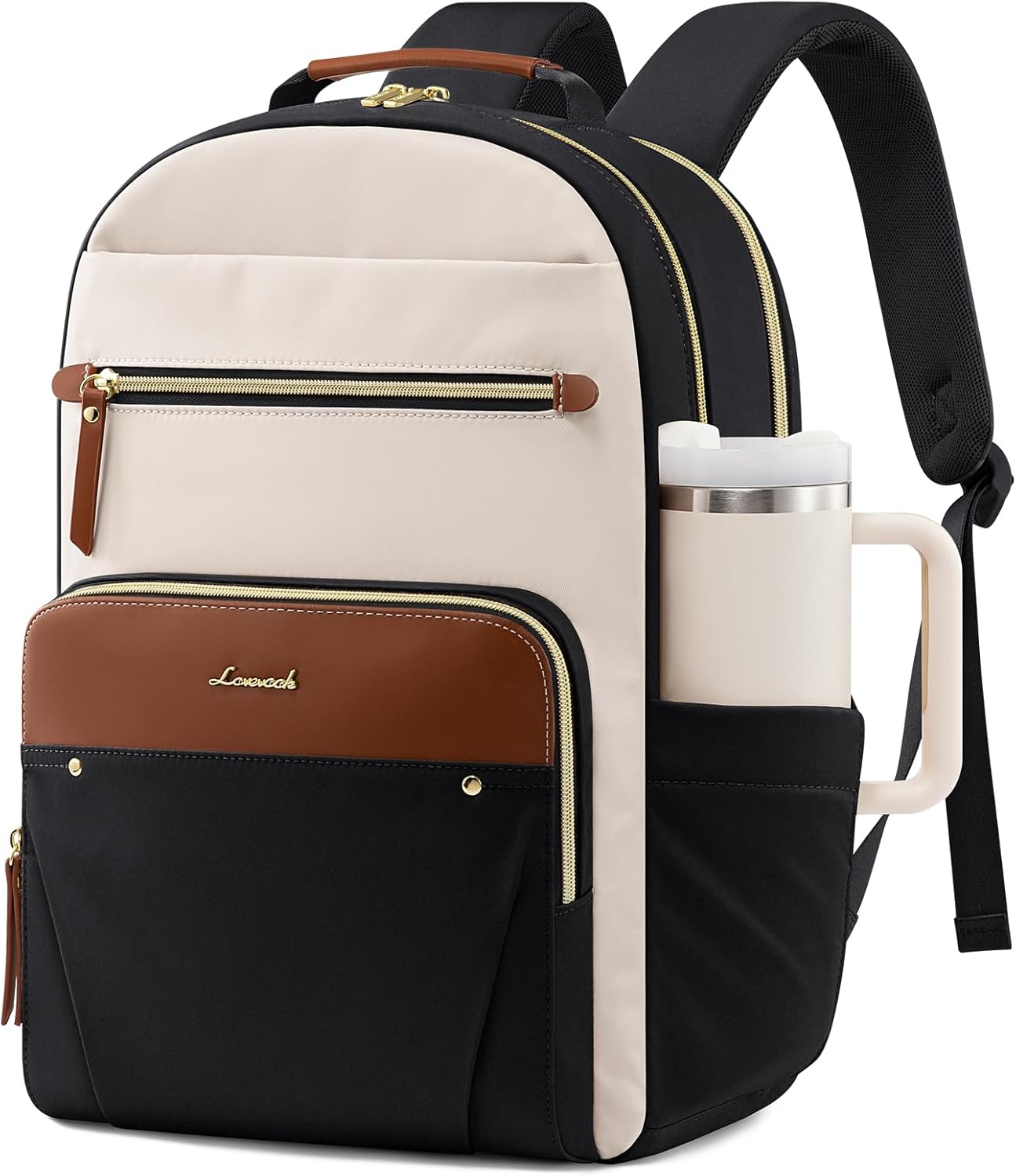 LOVEVOOK Laptop Backpack for Women, 15.6" Work Backpack Purse, Travel Personal Item Bag, Carry On Business Computer Bag, Casual Daypack for Office, School, or Gift, Black-beige-brown