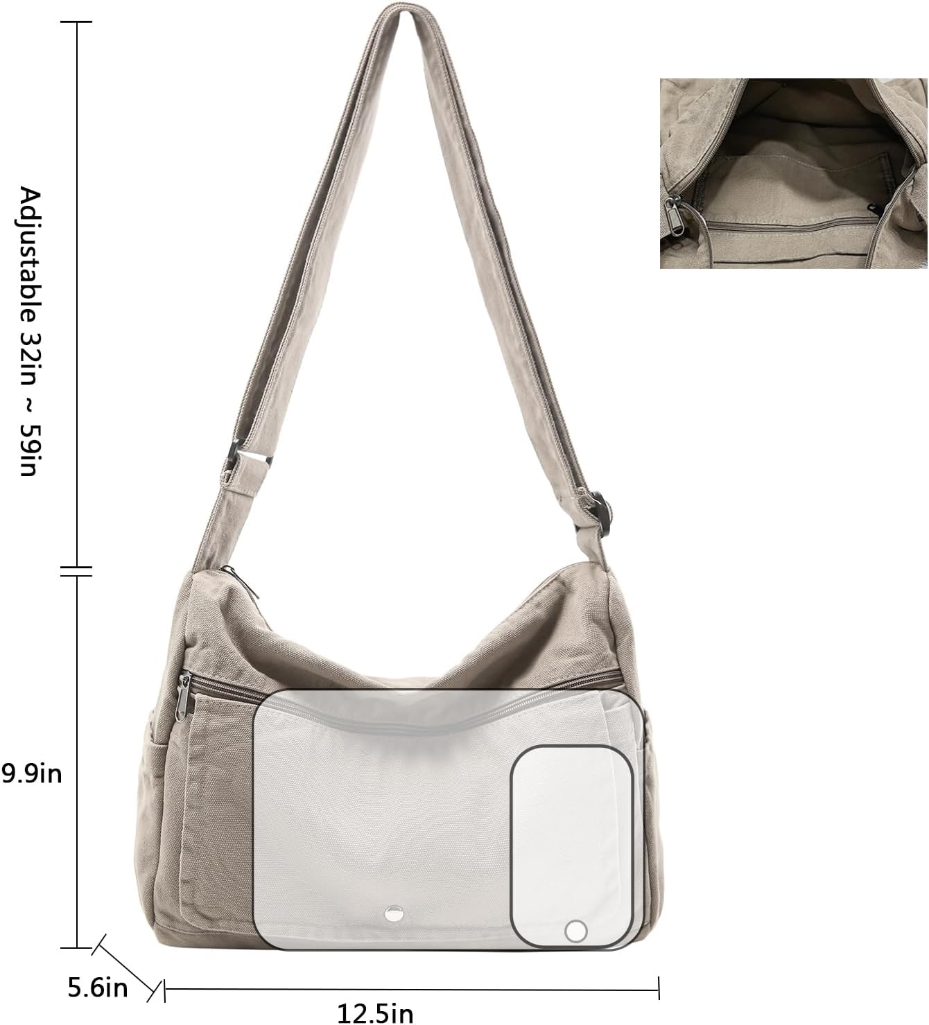 Canvas Messenger Bag for Women Hobo Crossbody Shoulder Bag Vintage Satchel Tote Handbag with Multiple Pockets