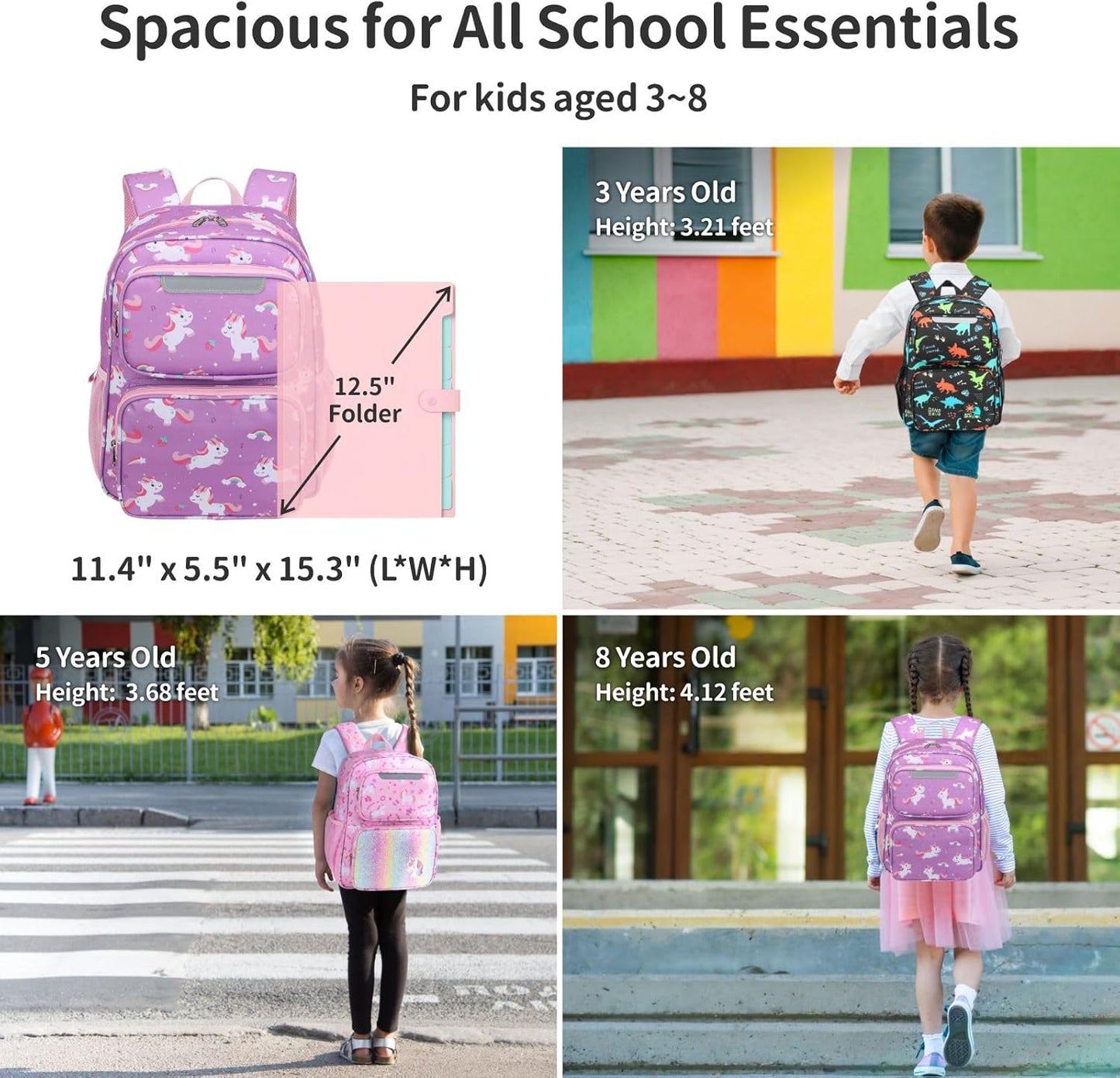 Kids Backpack for Girls - 15 Inch Backpack for Kids 3 to 8, Lightweight Bookbag for Preschool Kindergarten Elementary School, Insulated Pocket, Safe Reflective Stripe, Purple Unicorn
