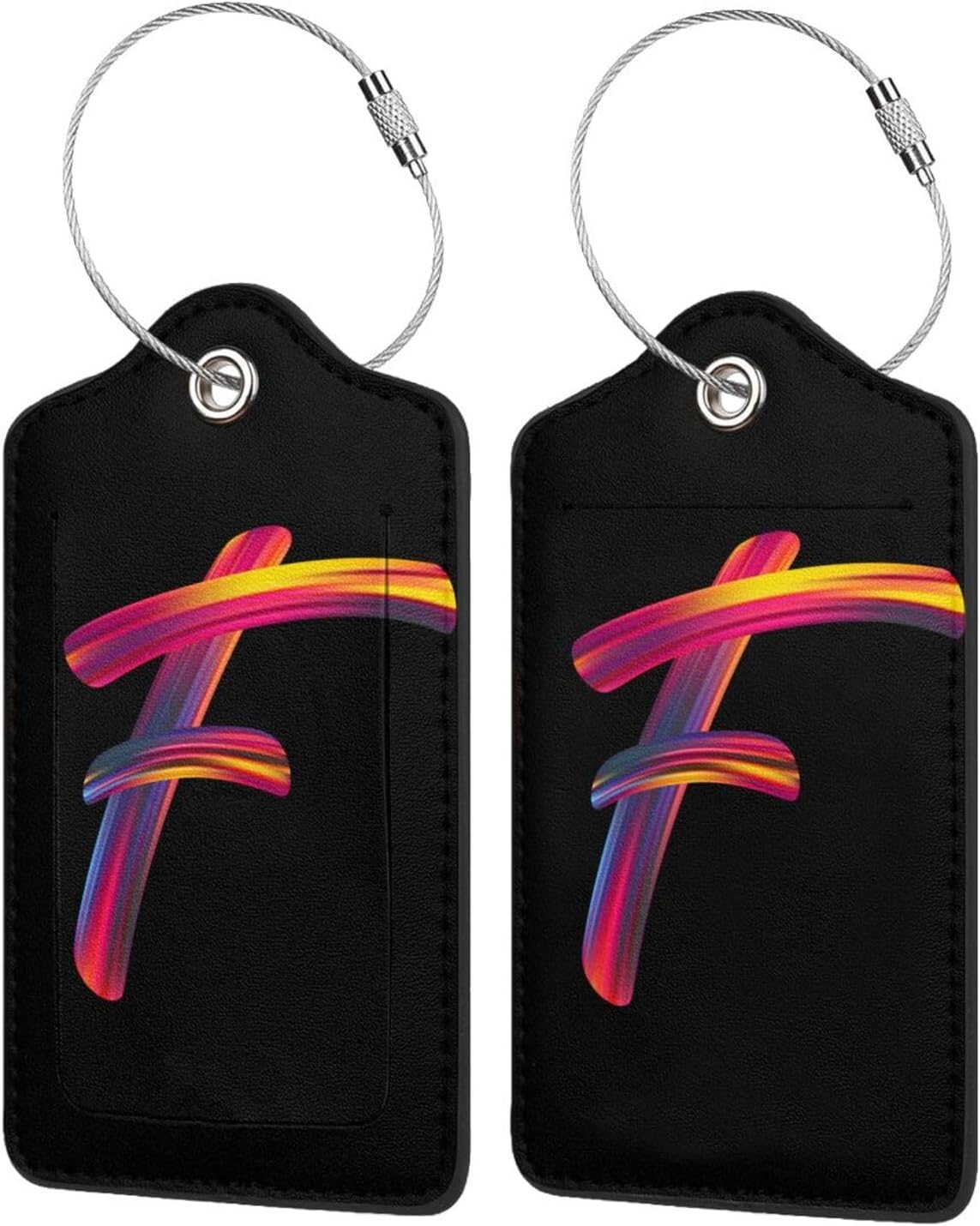 2 Pack Initial Luggage Tags for Suitcase, Colorful Letter Design Cruise Name Bag Tags, Novelty Baggage Identifiers with Full Privacy Cover, Leather ID Label for Women Men Kids Travel, Rainbow Letter F