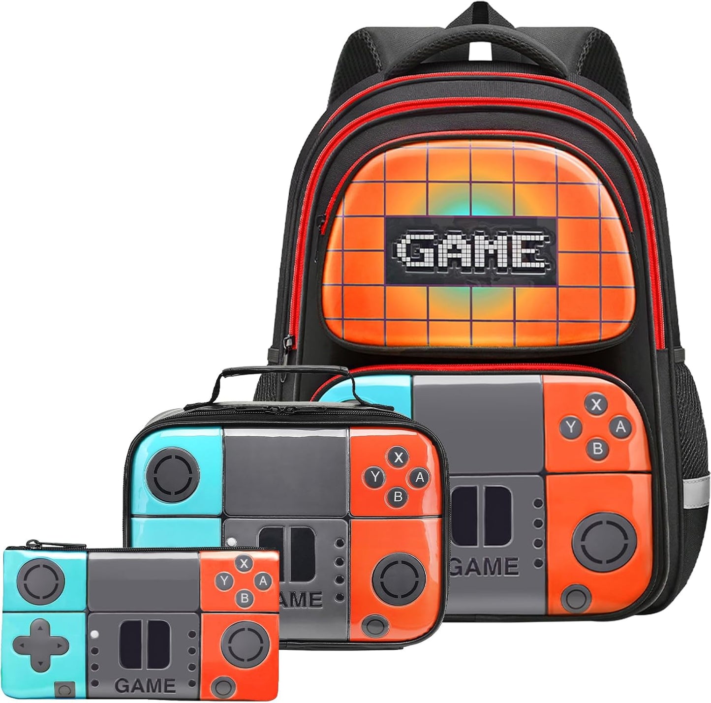 School Backpack For Boys,Gamer Kids Backpack Set with Lunch Box and Pencil Case For Elementary Middle School Student Age 6-14,17″ Video Game Bookbag For Laptop