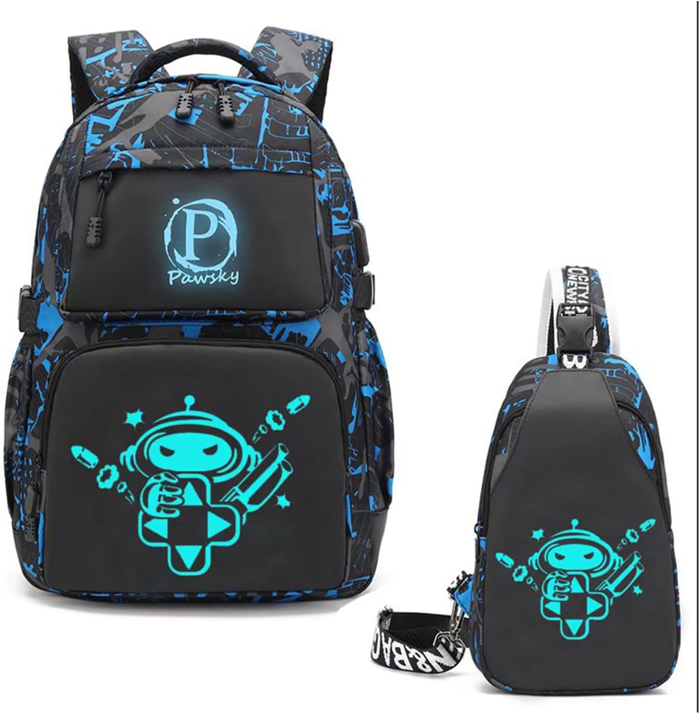 School Backpack for Teen Boys, Kids Backpack Cool Luminous Backpack with USB Charging Port, Lightweight Laptop Bag with Sling Bag Set, Blue