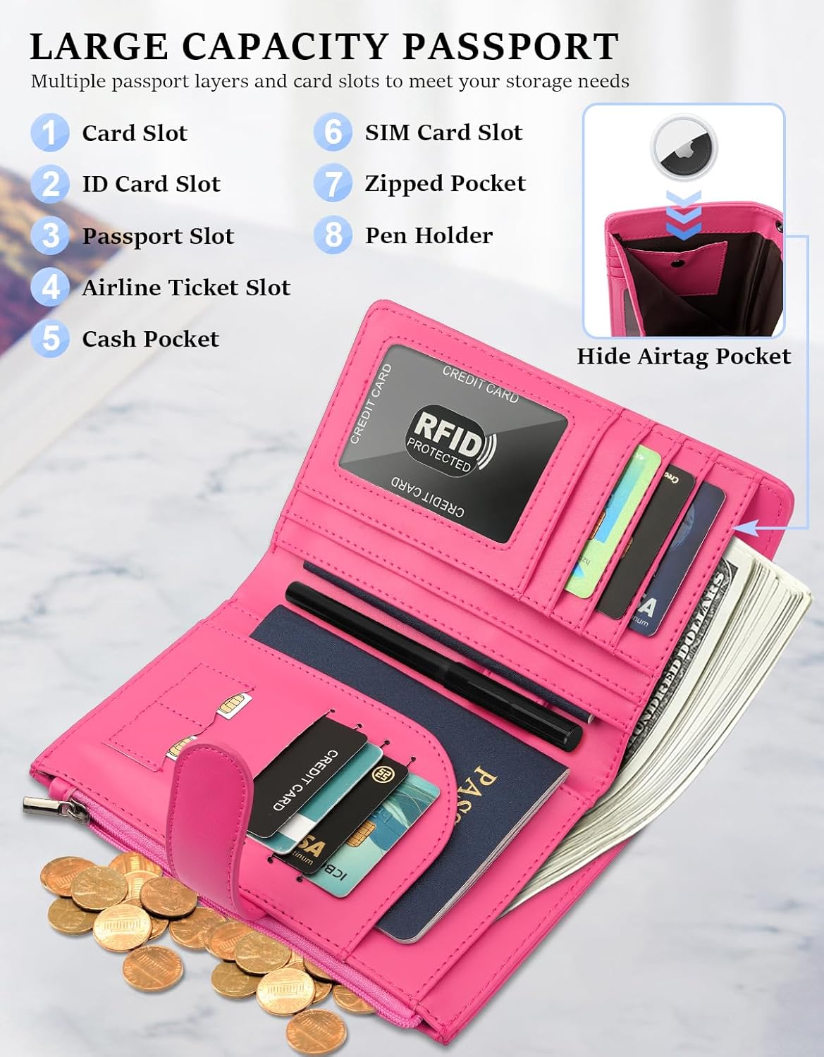 RFID Passport Holder for Women/Men Travel Gifts, Large Capacity Passport Wallet, Family Travel Documents Organizer with Card/Airtag Slots, Zipper coin pocket, Cash Holder Passport Cover Case(Hot Pink)
