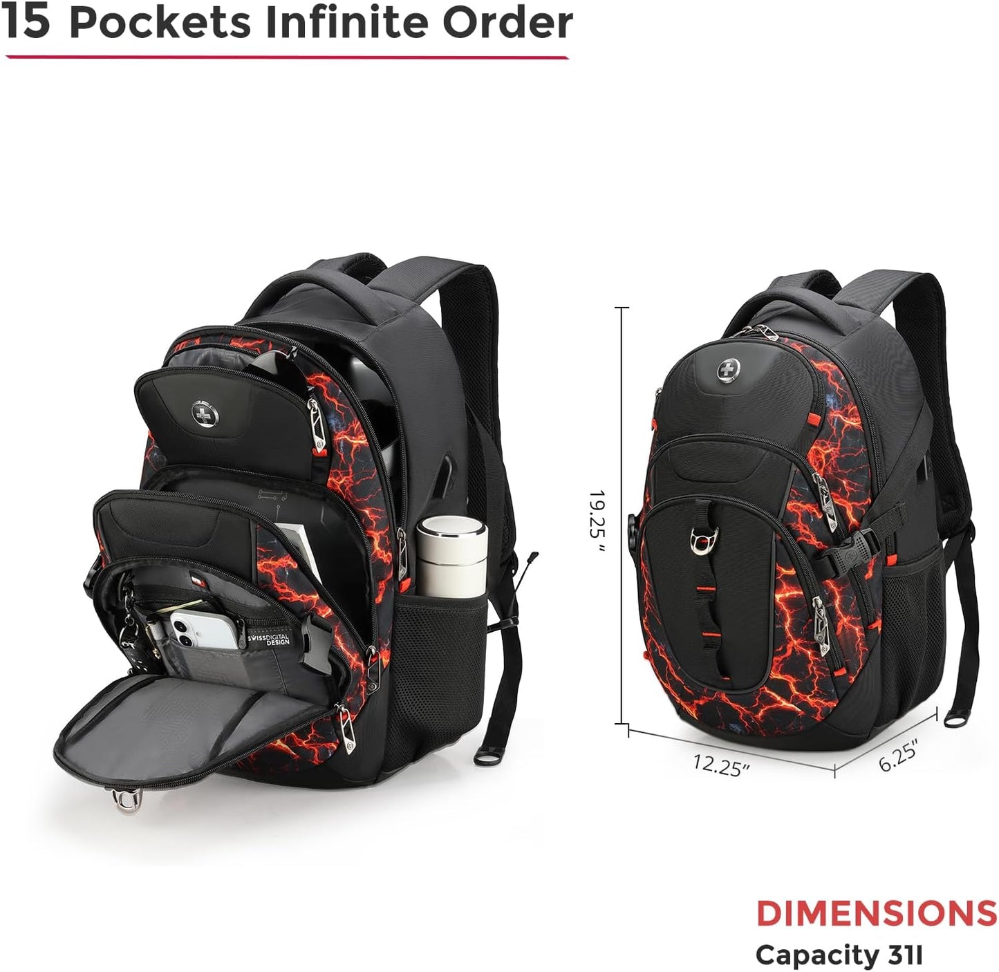 Swissdigital Laptop Backpack with USB Charging Port, Travel Backpack Fits 15.6 inches Computer, 31L