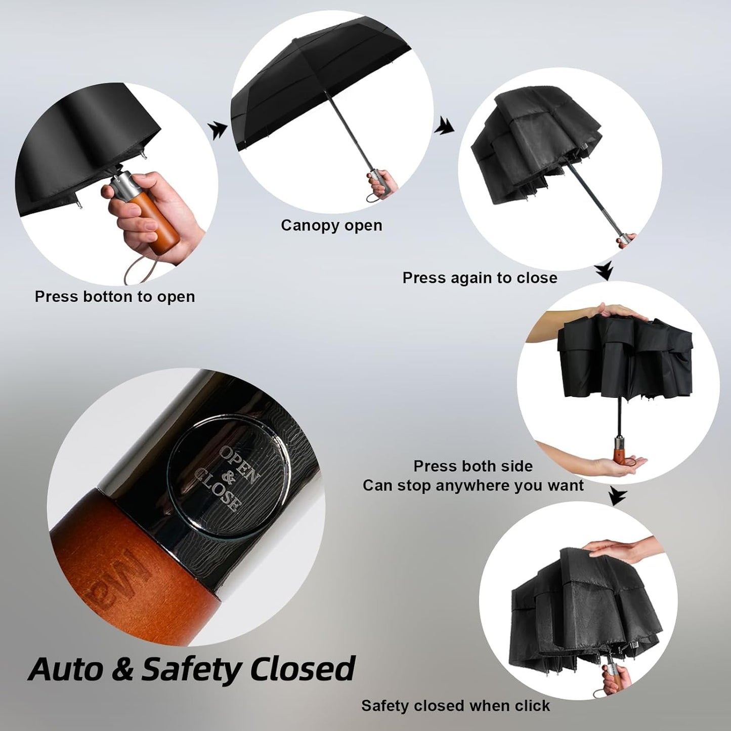 Umbrellas for Rain, Heavy-Duty Windproof Travel Umbrella — Auto Open/Close, Vented Triple-Layer Canopy, 10 Fiberglass Ribs, Folding Design, Large Coverage, Wooden Handle