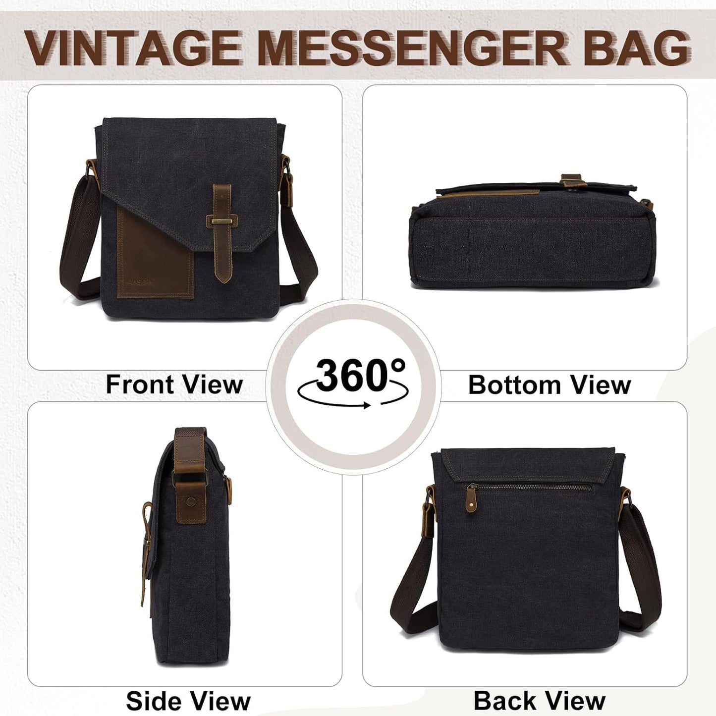 VASCHY Small Messenger Bag, Vintage Canvas Leather Lightweight Crossbody Bag