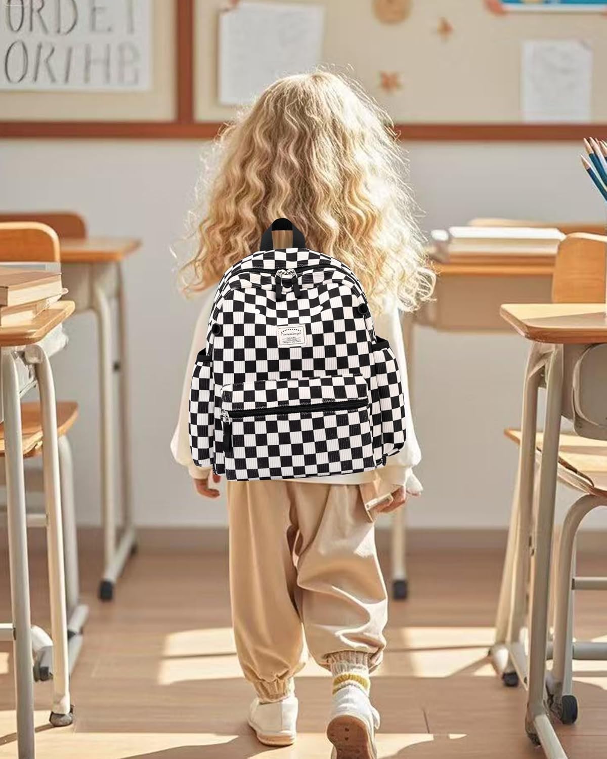 Corduroy Kids Backpack for Boys Girls 2-5 Toddler Backpacks for Primary Elementary Kindergarten (Checkered Black, Small(13.7" H Fit A4 Folder))