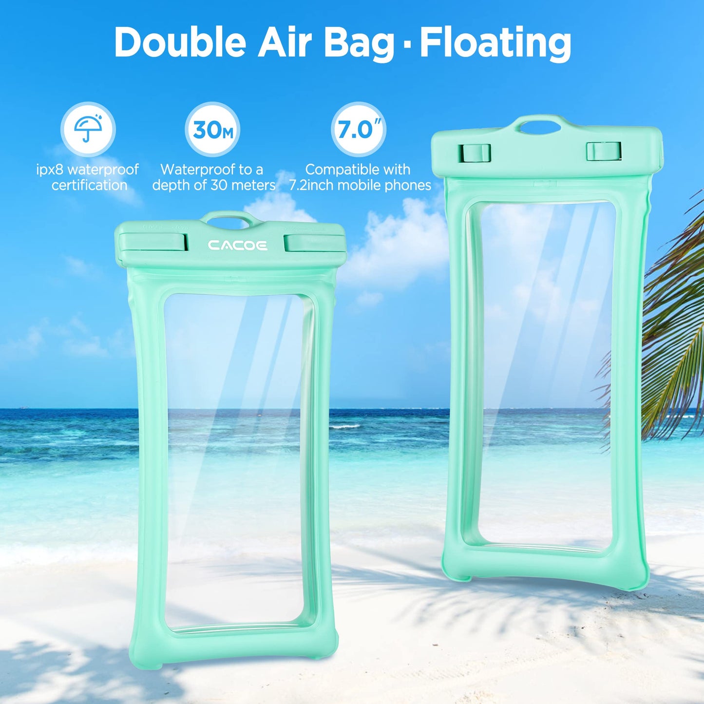 CACOE Floatable Waterproof Phone Pouch 2 Pack Up to 7.0",Black+Green