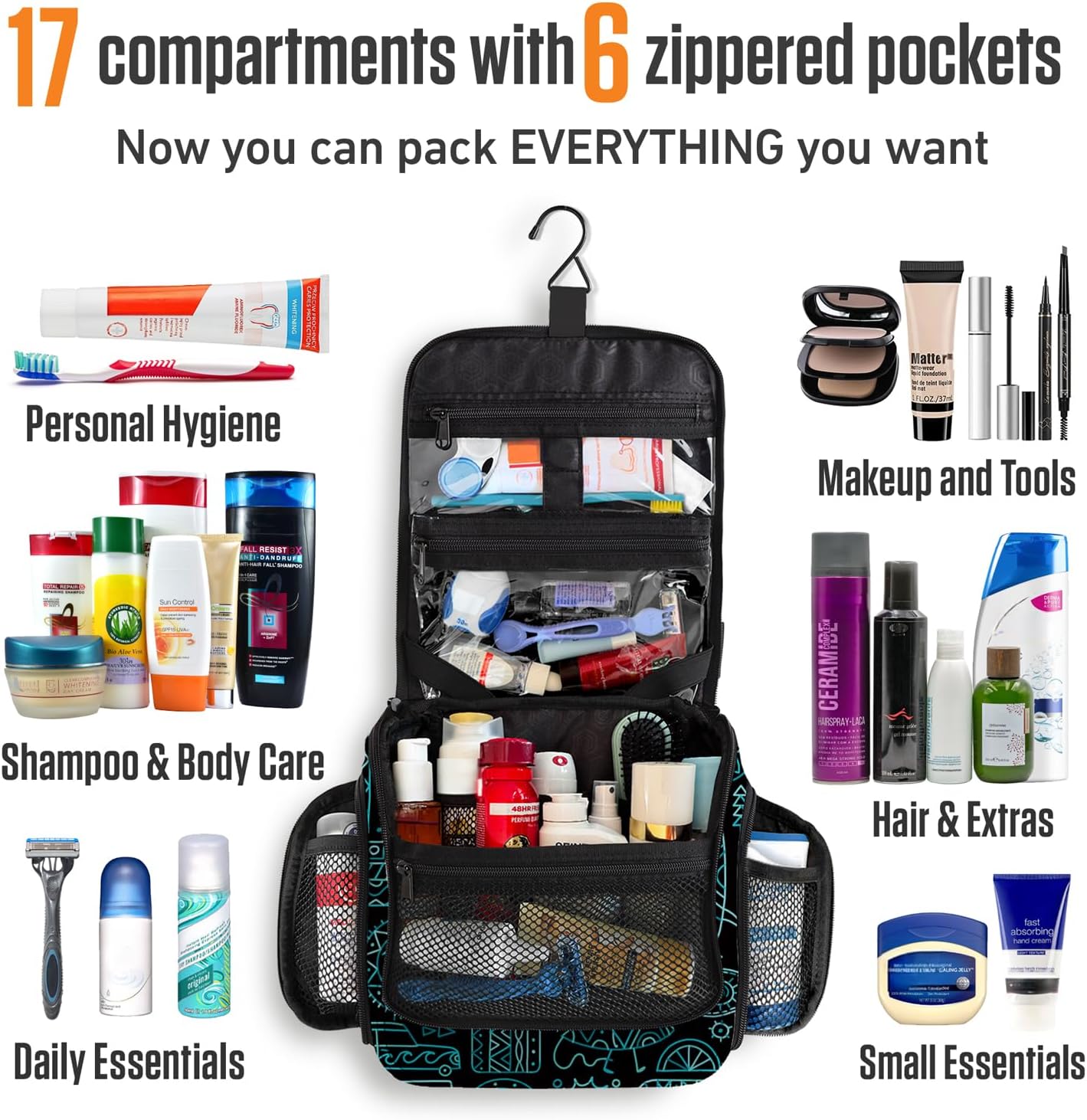 VENTURE 4TH Hanging Travel Toiletry Bag for Women & Men - Travel Organizer with Expandable Compartments & Removable Clear Pouch for Toiletries (Surfing Vibes)