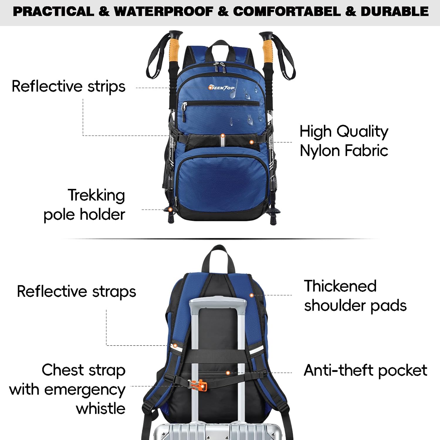 Seektop 40L Foldable Hiking Backpack for Women Men Lightweight Packable Travel Backpack Carry on