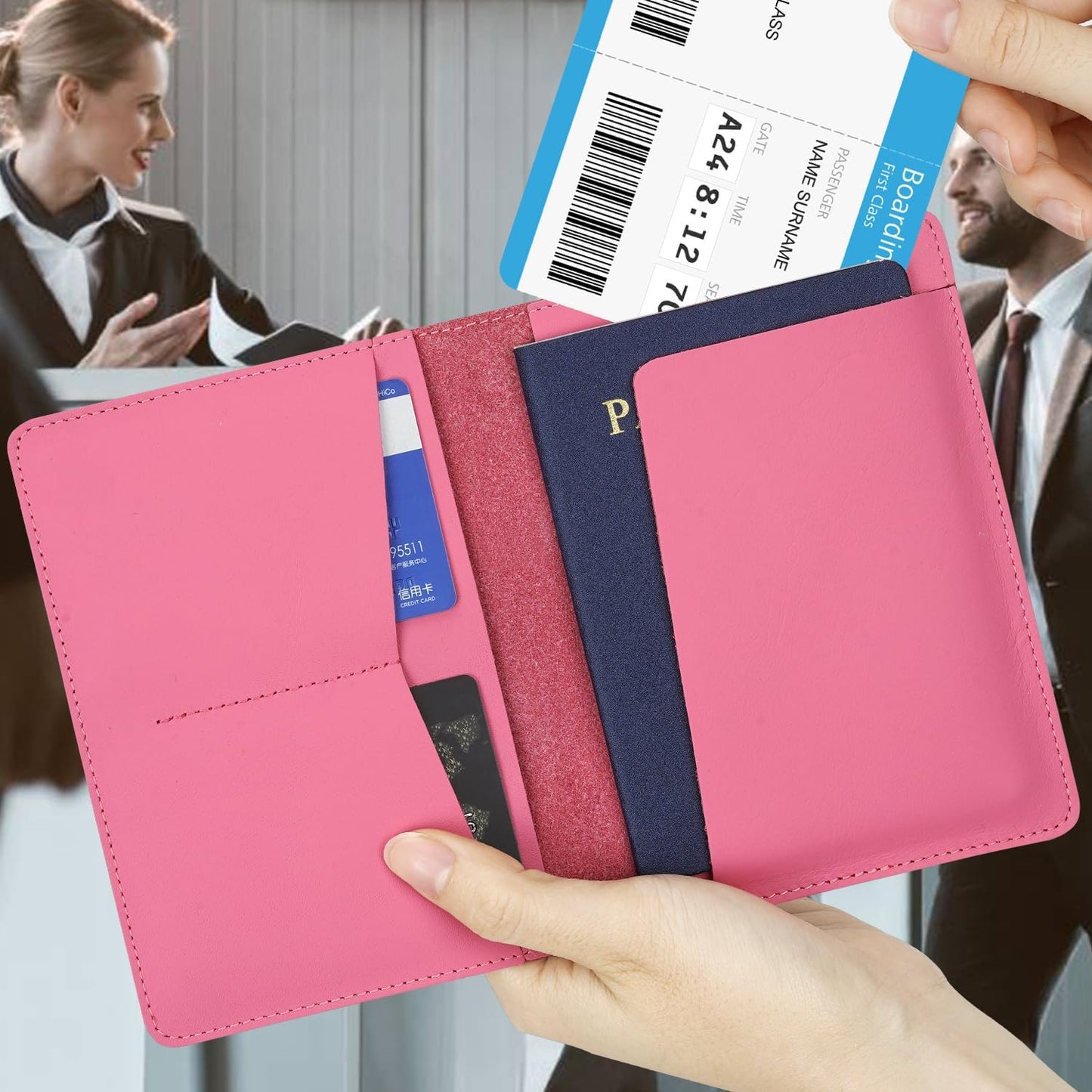 Full Grain Leather AirTag Passport Holder Wallet Cover for Men and Women Travel, Passport Holder with AirTag Slot Passport Wallet, Travel Essentials Genuine Leather Passport Cover Gifts (Pink)