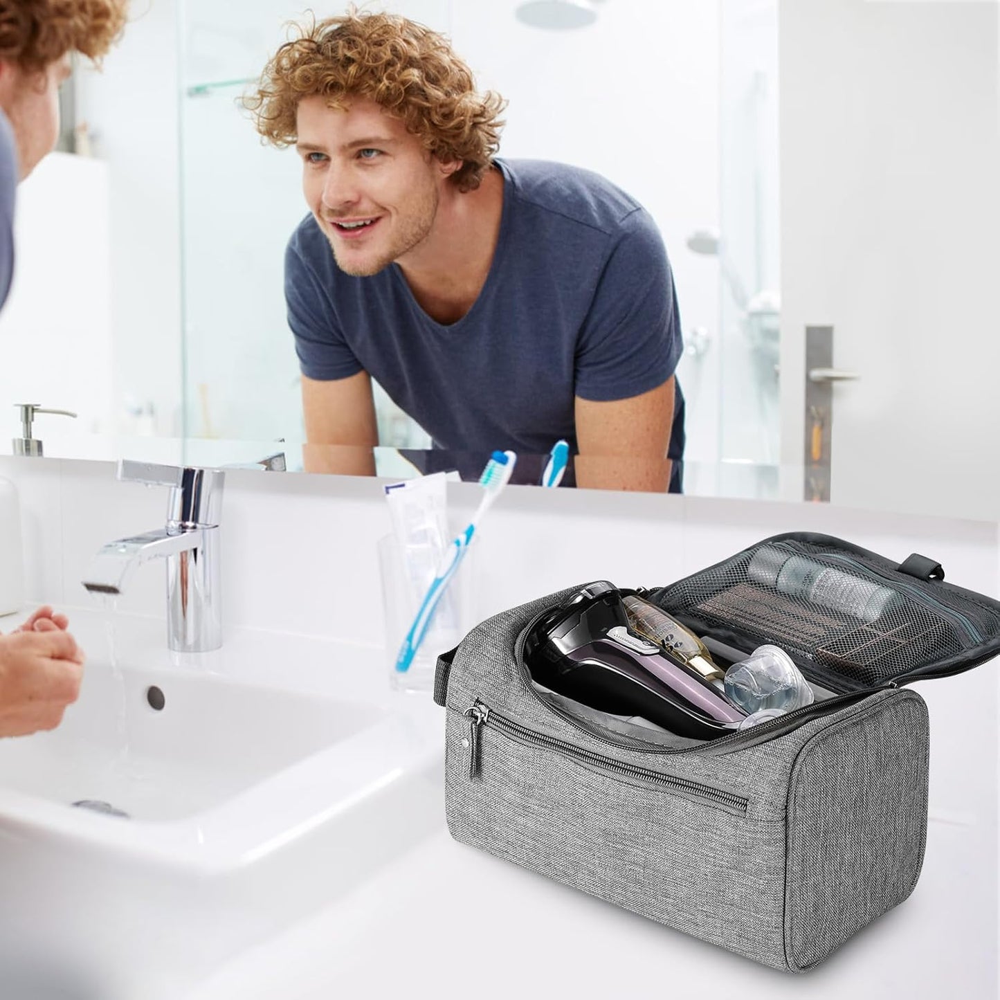 Hanging Toiletry Bag for Women and Men Traveling Makeup Large Capacity Cosmetics Portable Dopp Kit Storage Organizer Bag with Hanging Hook for Toiletries Brushes Shaving Tools (Gray)
