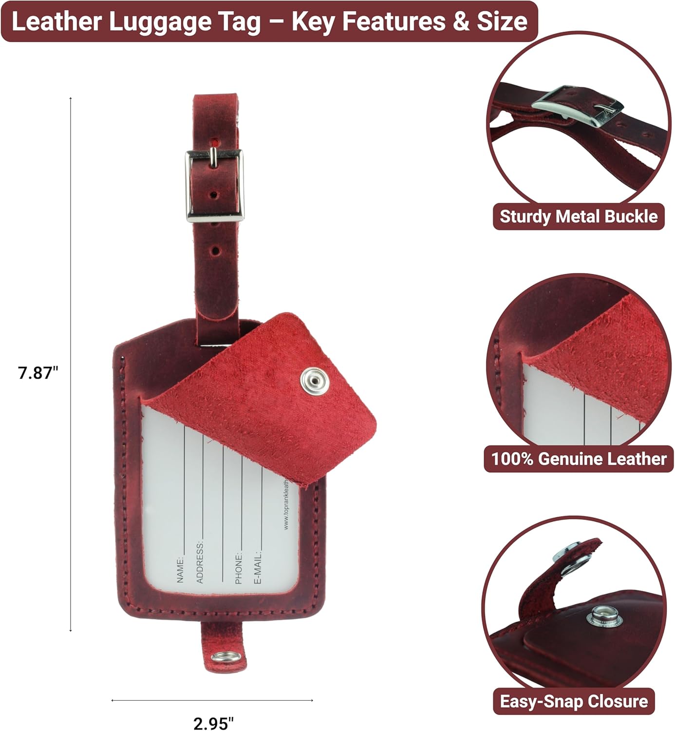 Toprank Leather Genuine Luggage Tags – Durable Leather Bag Tags for Travel, Baggage & Accessories (Red)