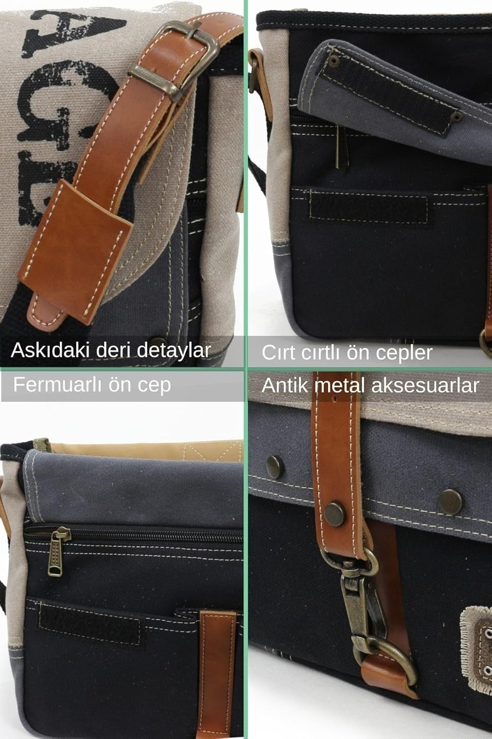 Antiochia 4046 Messenger Bag, Leather Detailed Shoulder Laptop Bag, Unisex Style for Daily, Travel