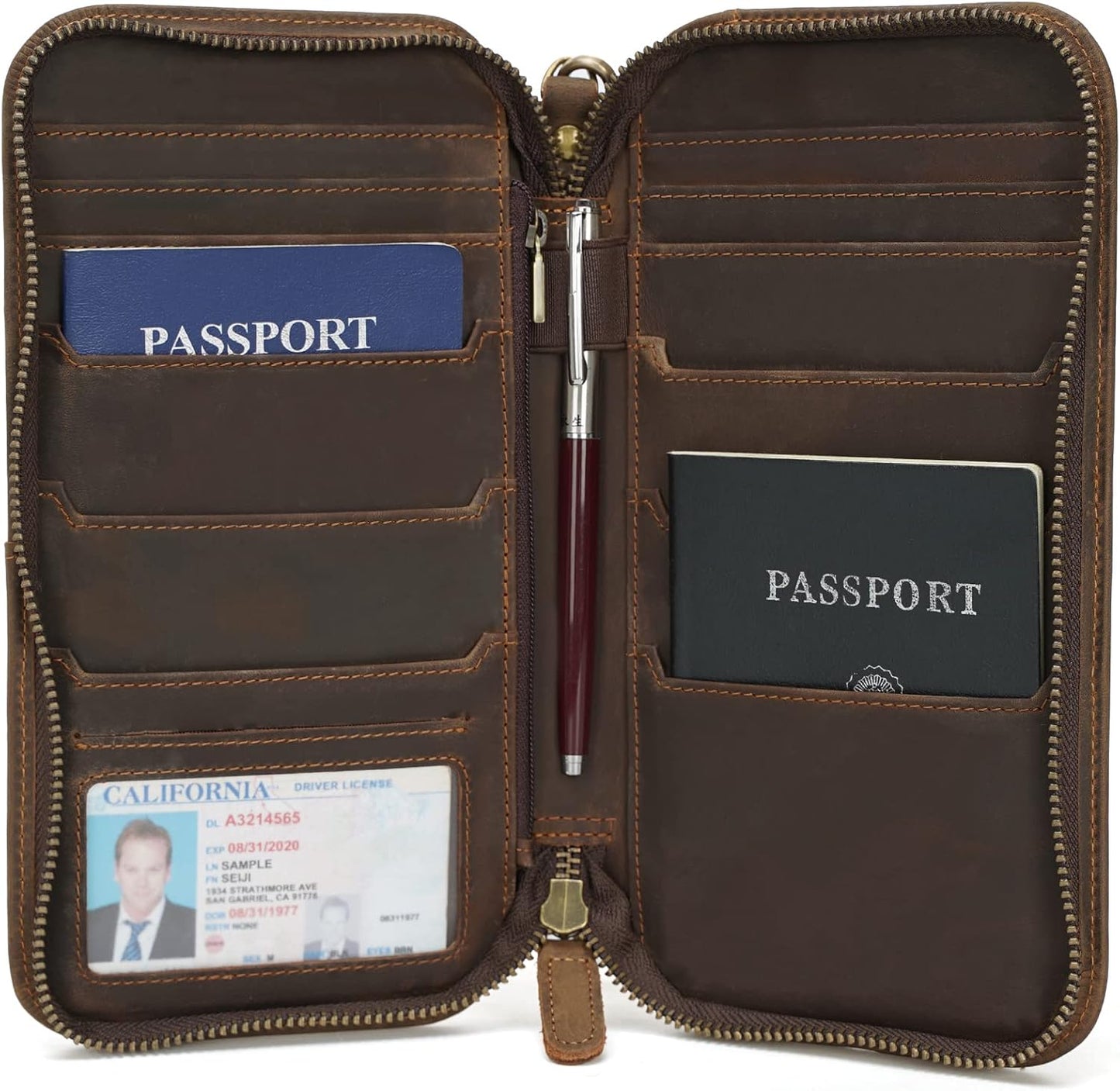 Polare Full Grain Leather Family Passport Holder Travel Wallet and Documents Organizer RFID Blocking Case Fits 6 Passports