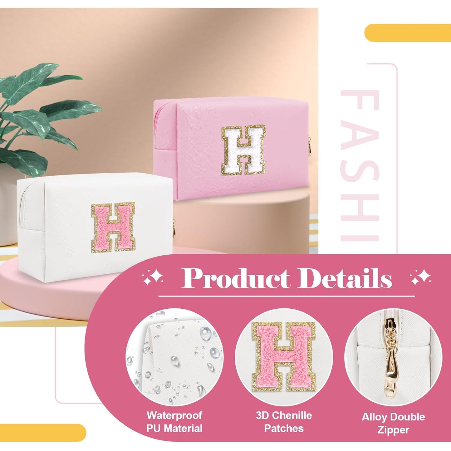Personalized Makeup Bag Initial A-Z Preppy Patch Bag,Small PU Leather Travel Cosmetic Bag Pouch