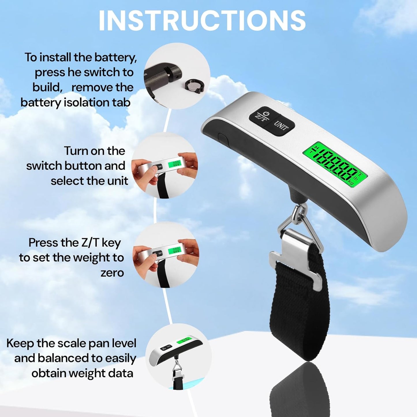 Digital Luggage Scale, 110lb Portable Suitcase Weight Scale for Travel with Backlit LCD, 4-Unit Switching, Non-Slip, Luggage Scale for Luggage, Backpacks, Packages (Battery Included)