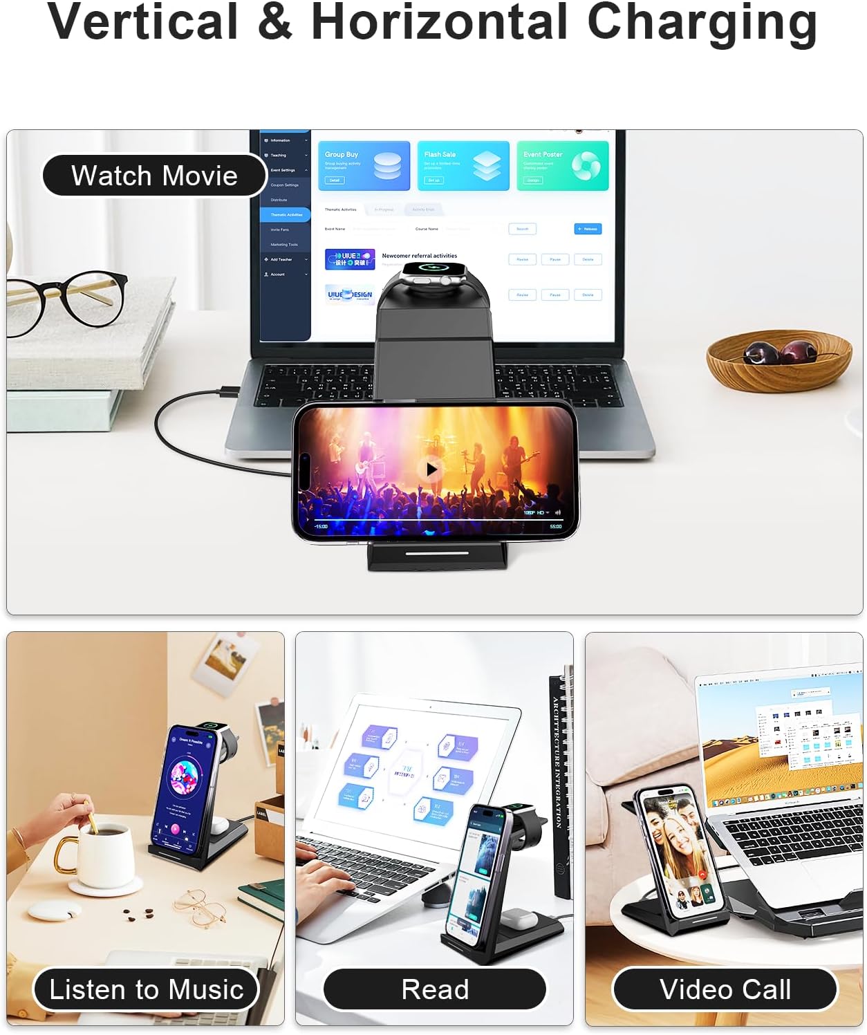 Wireless Charging Station for iPhone - ADADPU 3 in 1 Charger Stand for iPhone 17 16 15 14 13 12 11 Pro Max XR 8 Plus, for Apple Watch 8/7/SE/6/5/4/3/2, AirPods Pro/3/2(with 5ft Cable and 20W Adapter)