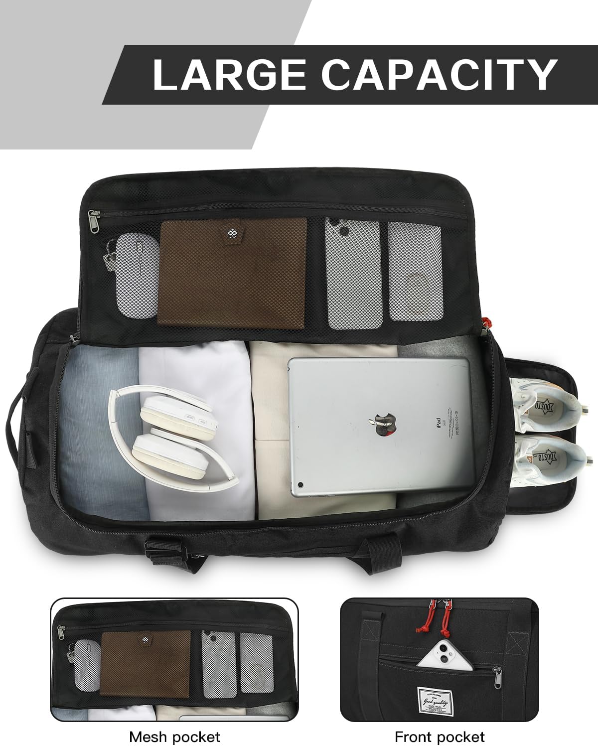 60L Large Gym Duffle Bag with Separate Shoe Compartment, Waterproof & Durable Duffel Bag for Men and Women - Convertible Backpack Design, Black