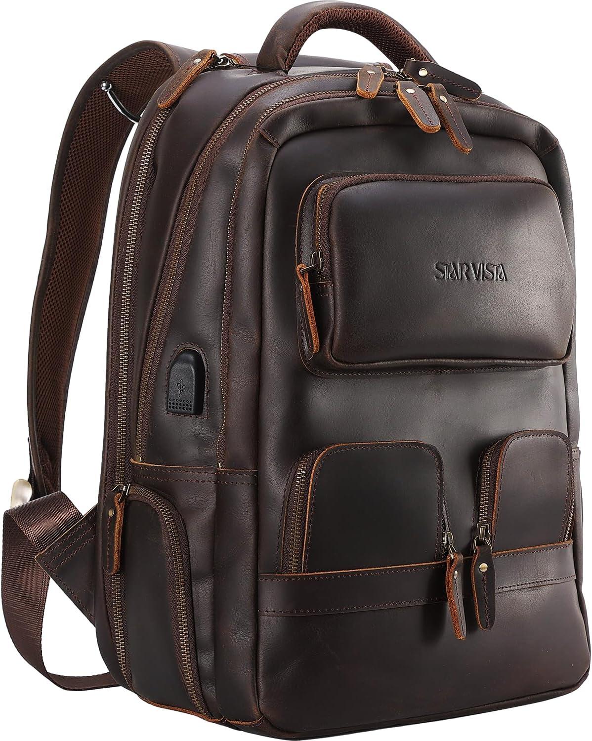 STAR VISTA 15.6" Raphael Vintage Full Grain Leather Laptop Backpack for Men, Multi Pockets, Casual Outdoor Business Travel Rucksack, YKK Zippers, Dark Brown
