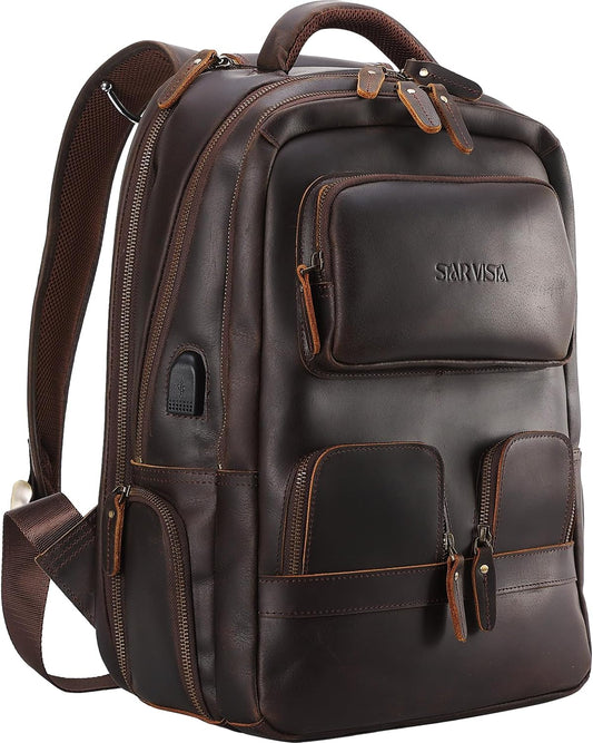 STAR VISTA 15.6" Raphael Vintage Full Grain Leather Laptop Backpack for Men, Multi Pockets, Casual Outdoor Business Travel Rucksack, YKK Zippers, Dark Brown