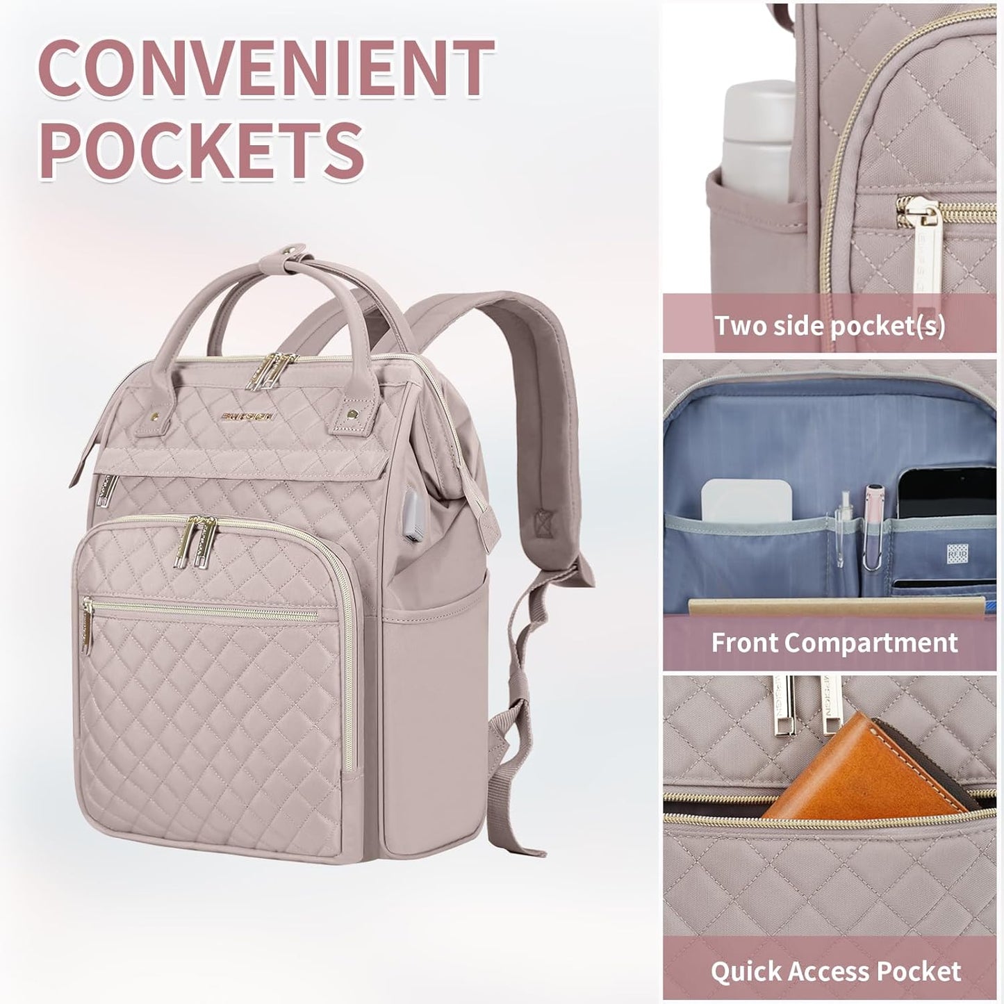 EMPSIGN 17 Inch Laptop Backpack for Women, Work Business Travel Computer College Bags, Large Capacity Water-repellent Quilted Casual Daypack with USB Port, Dusty Pink