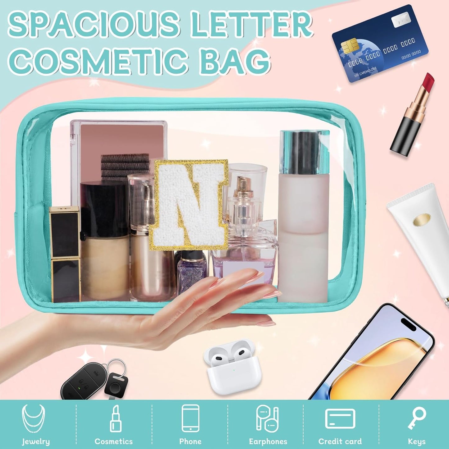 Personalized Initial Clear Makeup Bag, Travel Chenille Patch Cosmetic Bag, Preppy Toiletry Bag Monogram Cosmetic Pouch with Zipper, Ideal Gift for Teen Girls Women (Clear-Green, N)