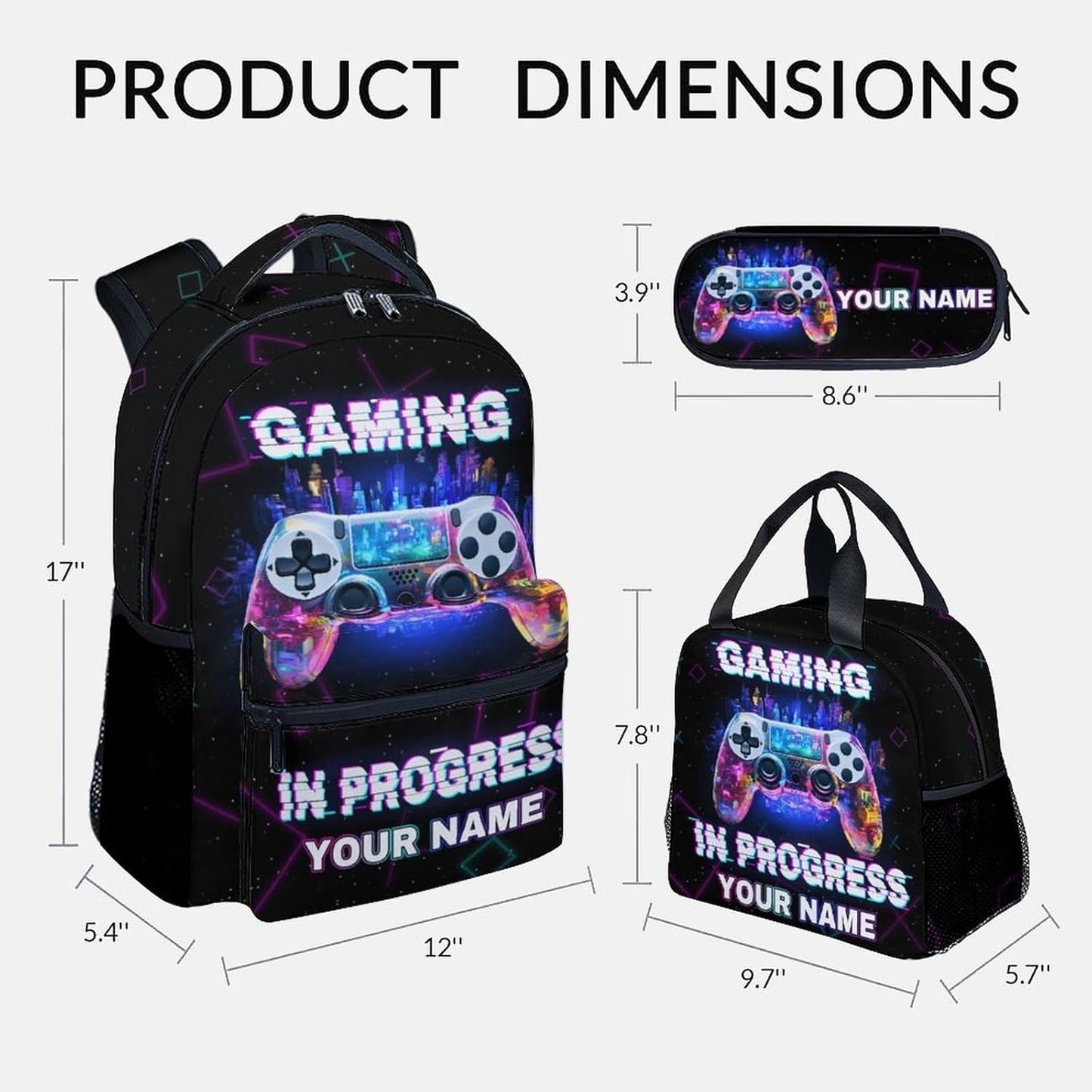 COZYAURA Personalized Backpacks for Boys - 3Pcs Video Gaming Bookbag for Kids - Gamer School Bag
