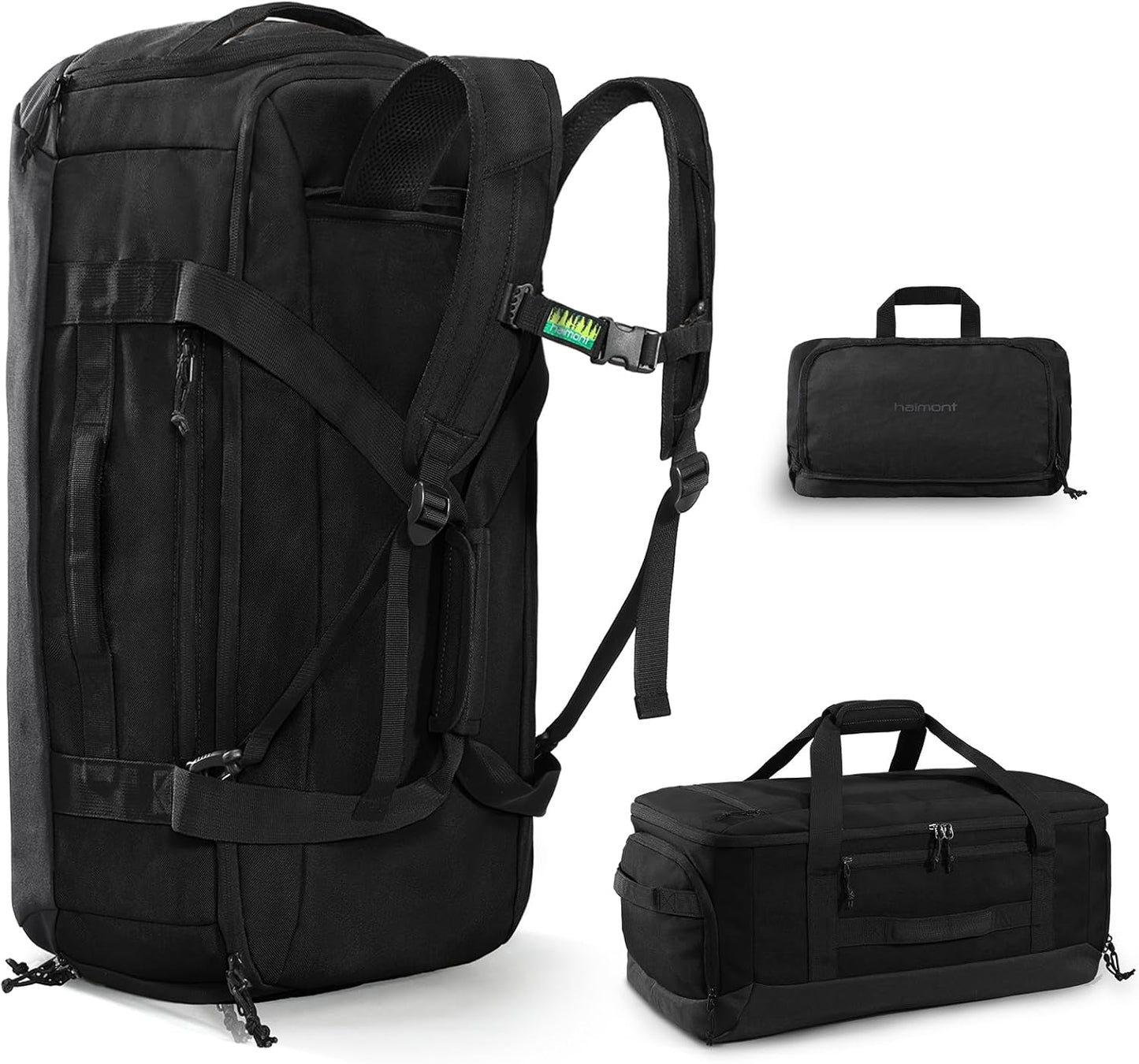 Haimont 60L Foldable Duffle Bag Backpack with Shoe Compartment, Large Travel Duffel for Gym, Sports, Luggage, Camping, Men & Women, Black