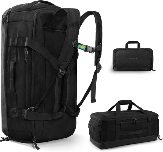 Haimont 60L Foldable Duffle Bag Backpack with Shoe Compartment, Large Travel Duffel for Gym, Sports, Luggage, Camping, Men & Women, Black