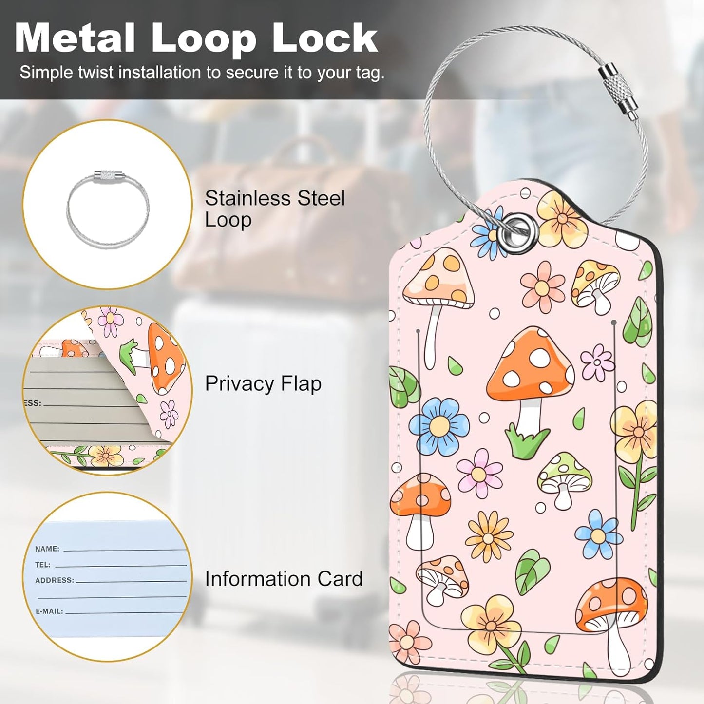2Pack Luggage Tags for Suitcases, Cute Unique Pu Leather Cruise Luggage Tag with Privacy Cover ID Label Address Card and Metal Ring Suitable for Women Men Kids Travel Bag Mushrooms and Plants