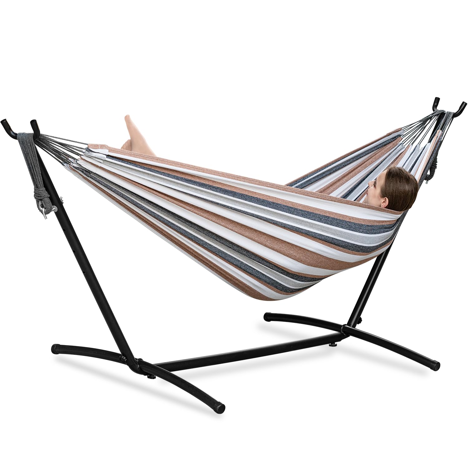 PNAEUT Double Hammock with Stand for Outside, Heavy-Duty, Portable (Coffee)