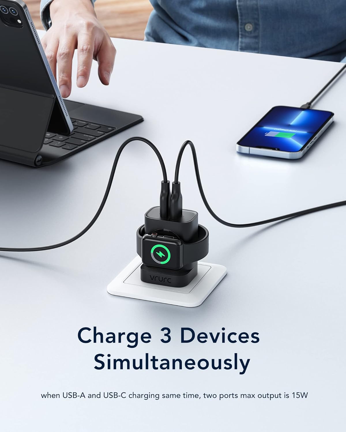 VRURC for Apple Watch Charger, Wireless Magnetic Portable iWatch Charger, PD 20W 3-in-1 Travel Fast Charging Block for iWatch Ultra/SE/11/10/9/8/7/6/5/4, iPhone 17/16/15/14/13,Android-Black