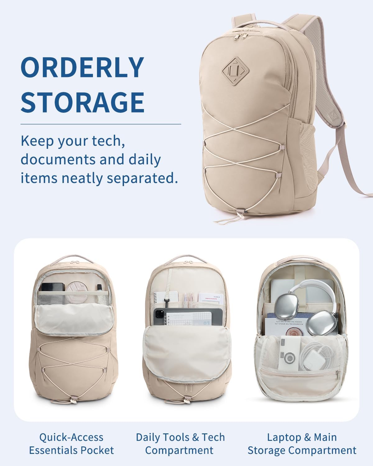 WANDF 15.6-Inch Laptop Backpack for Women, Travel Backpack Water-Resistant Lightweight College Backpack for Work Casual Business Weekender (Khaki)