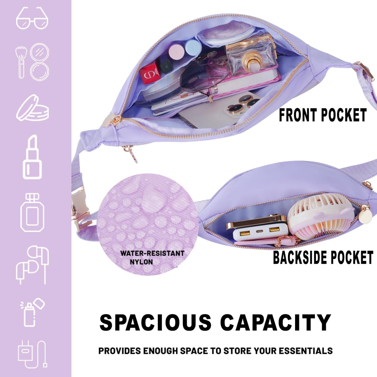 Waist Belt Nylon Fanny Pack Crossbody Bag for Women Travel (Purple)